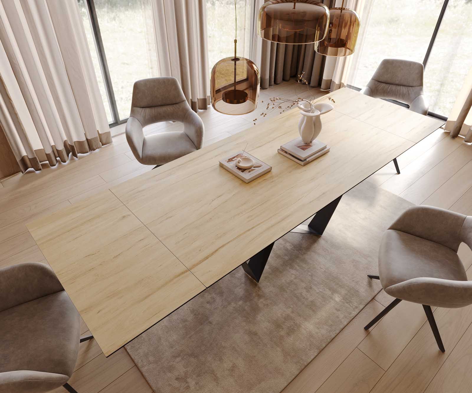 Table à manger Edge 200-300x100 céramique Laminam® Sabbia couleur chêne Spider acier plat noir extensible 5
