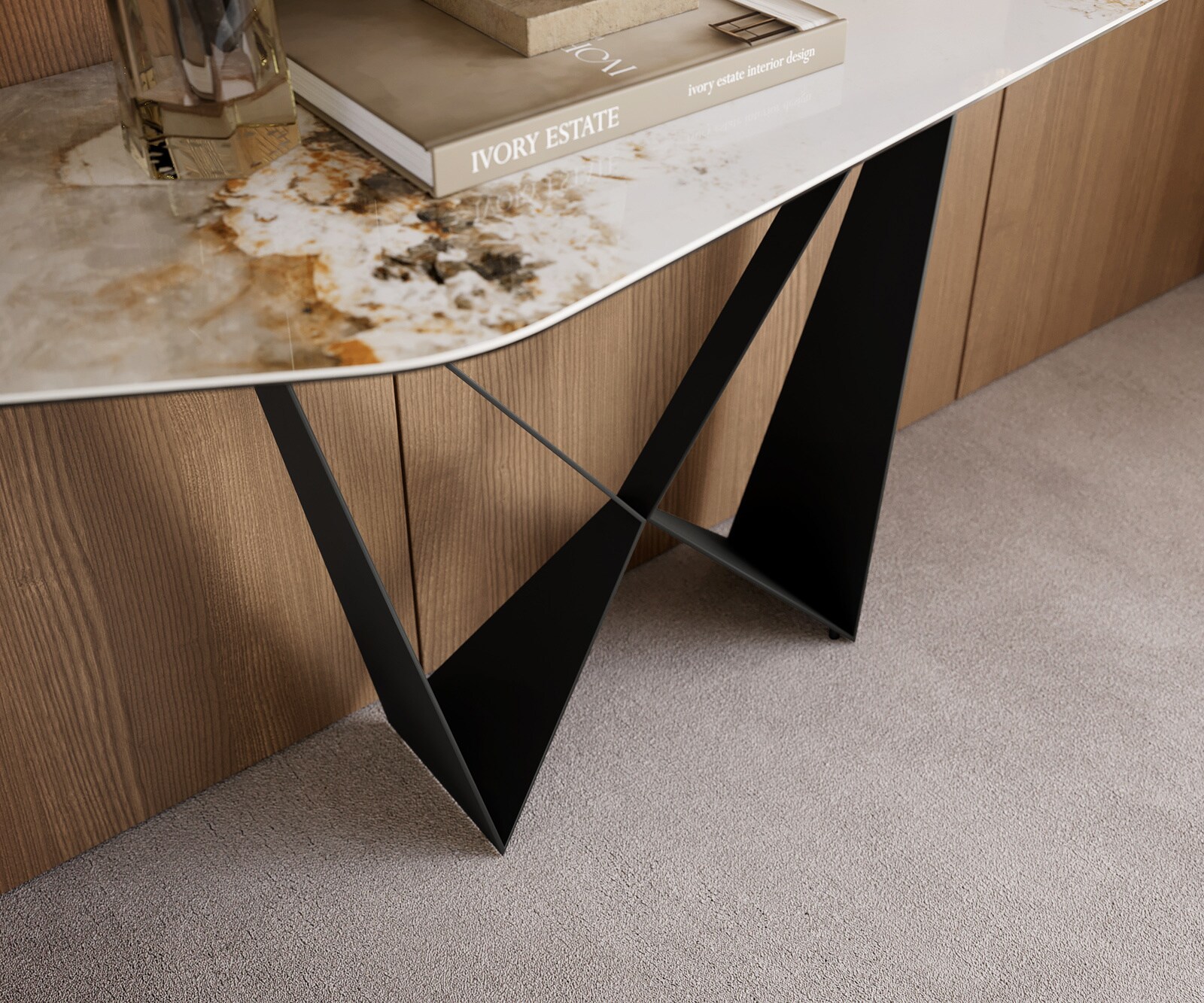 Console Edge Polygonal 180x50 cm Céramique Minas Melange Weiß-Beige Spios Métal Noir 6
