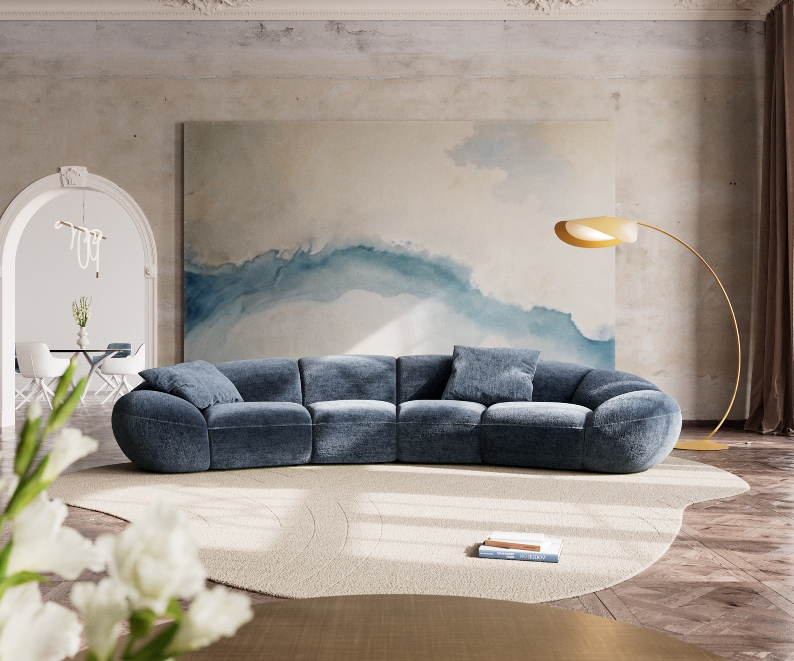 Grand canapé Lunna 360x175 cm chenille bleu 2 coussins 1 Grand canapé Lunna 360x175 cm chenille bleu 2 coussins 1