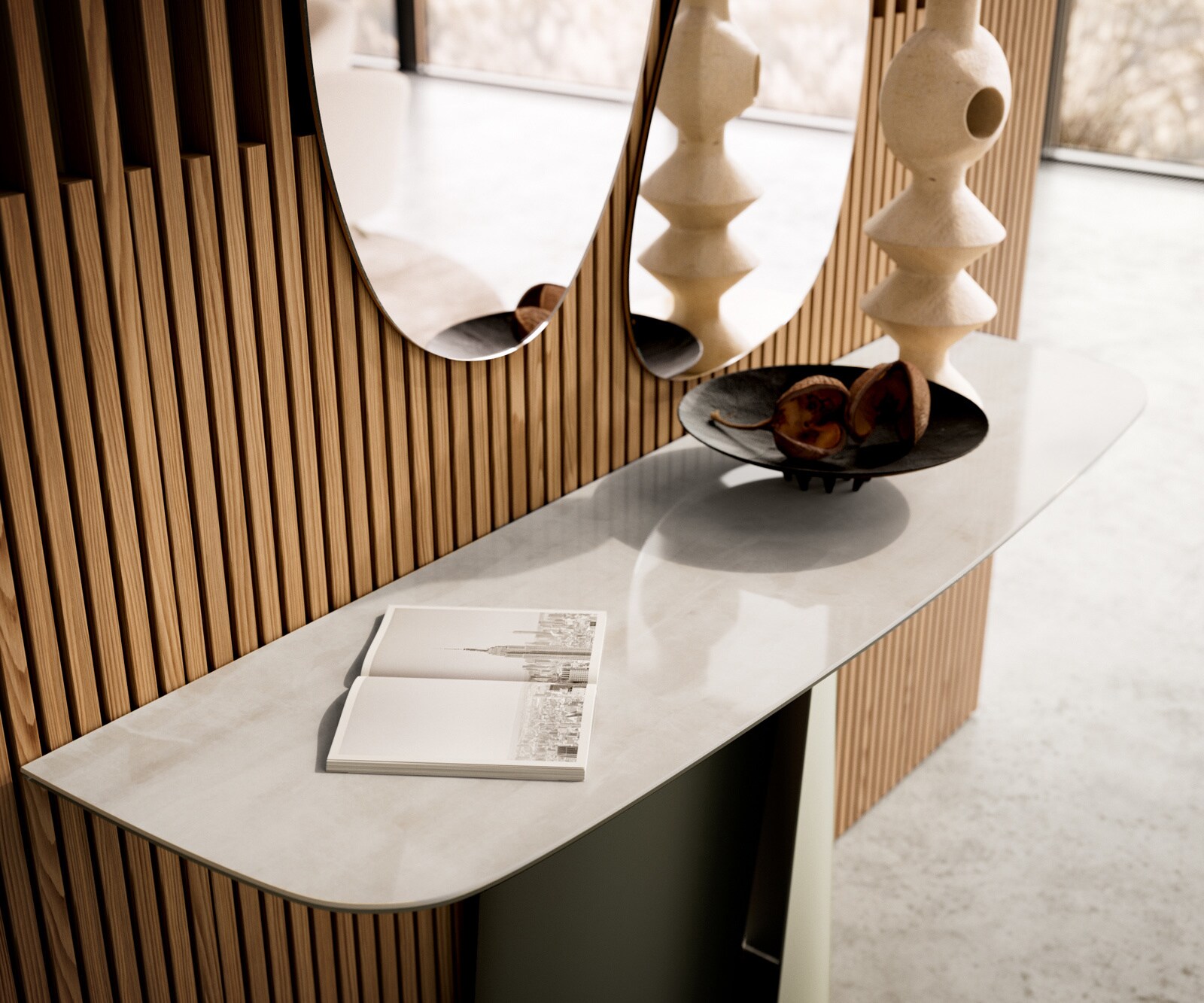 Console Edge forme bateau 140x40 cm Céramique Onyx Champagne Livos Métal Effektfinish Titan 5