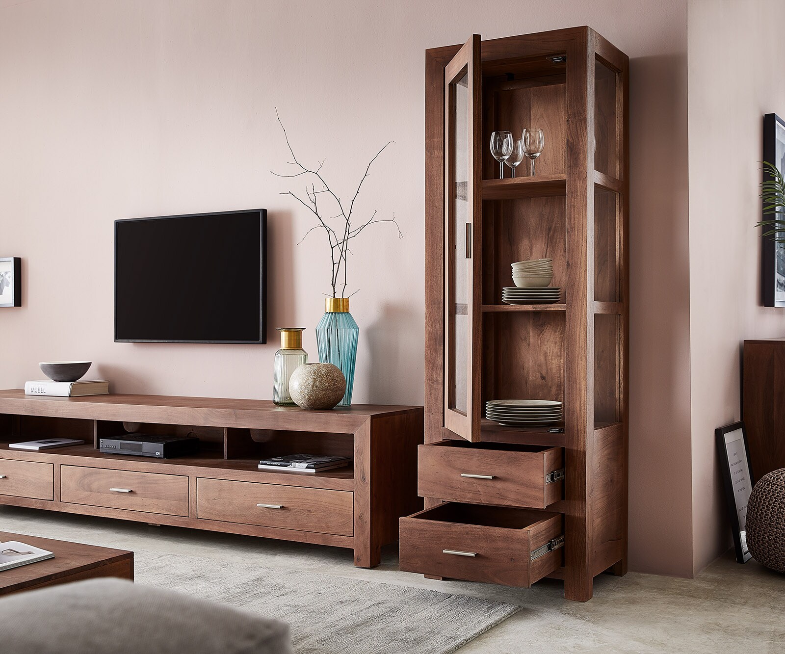 Buffet Indra acacia marron vitré avec 2 tiroirs 1 porte 4