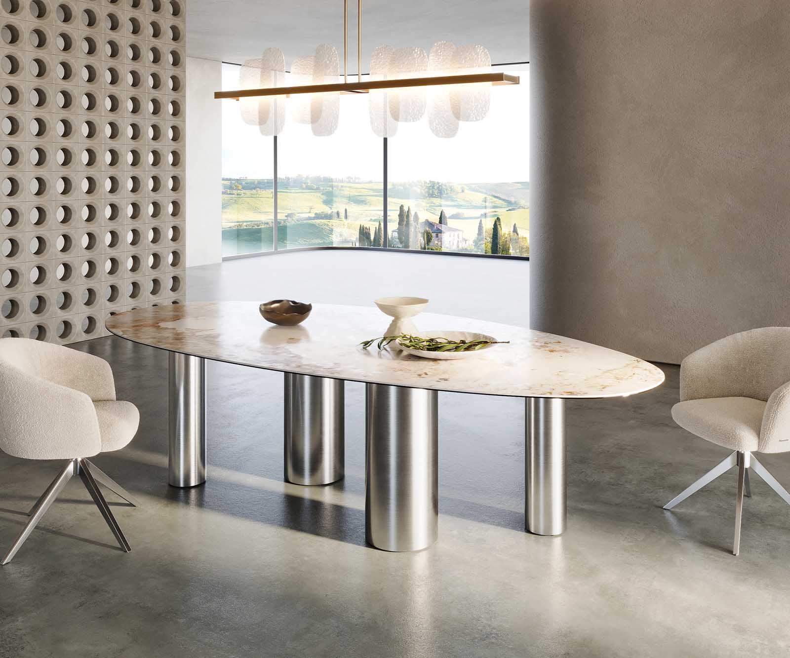 Esstisch Edge Oval 280x130 Keramik Minas Melange Weiß-Beige Pilier Edelstahl 6 Esstisch Edge Oval 280x130 Keramik Minas Melange Weiß-Beige Pilier Edelstahl 6