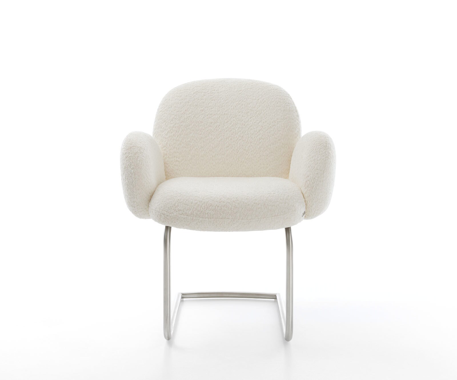 Cantilever Nube-Flex avec accoudoirs bouclé blanc pied cantilever rond acier inoxydable brossé ressorts ensachés 1