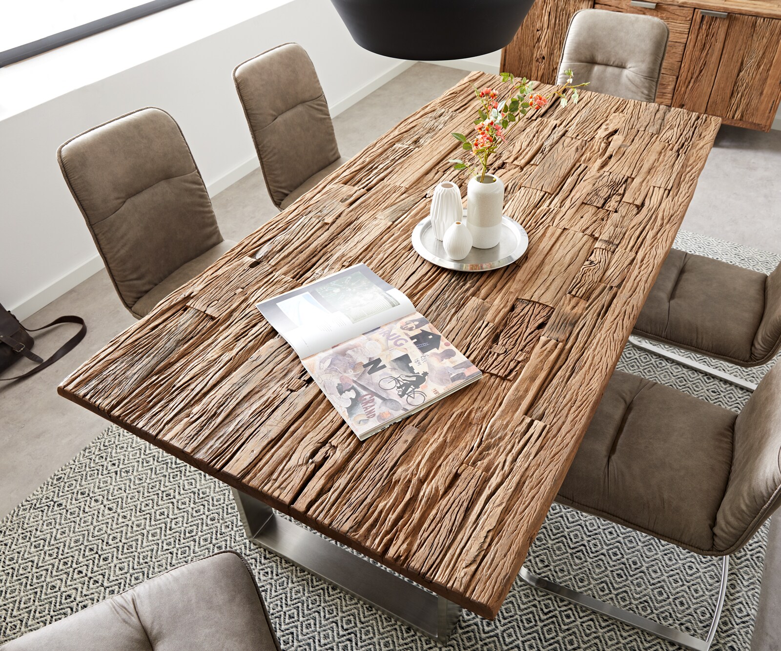 Table-à-manger Reclaimed 200x100 cm aspect vintage acier inoxydable étroit 4