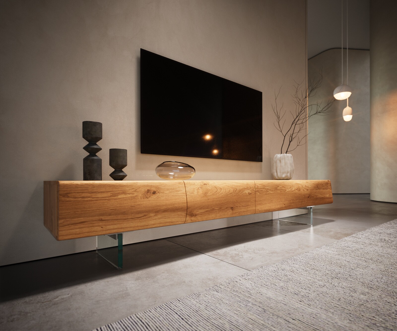 Lowboard New Live-Edge 200 cm Eiche Natur 4 Türen Glasfuß 4