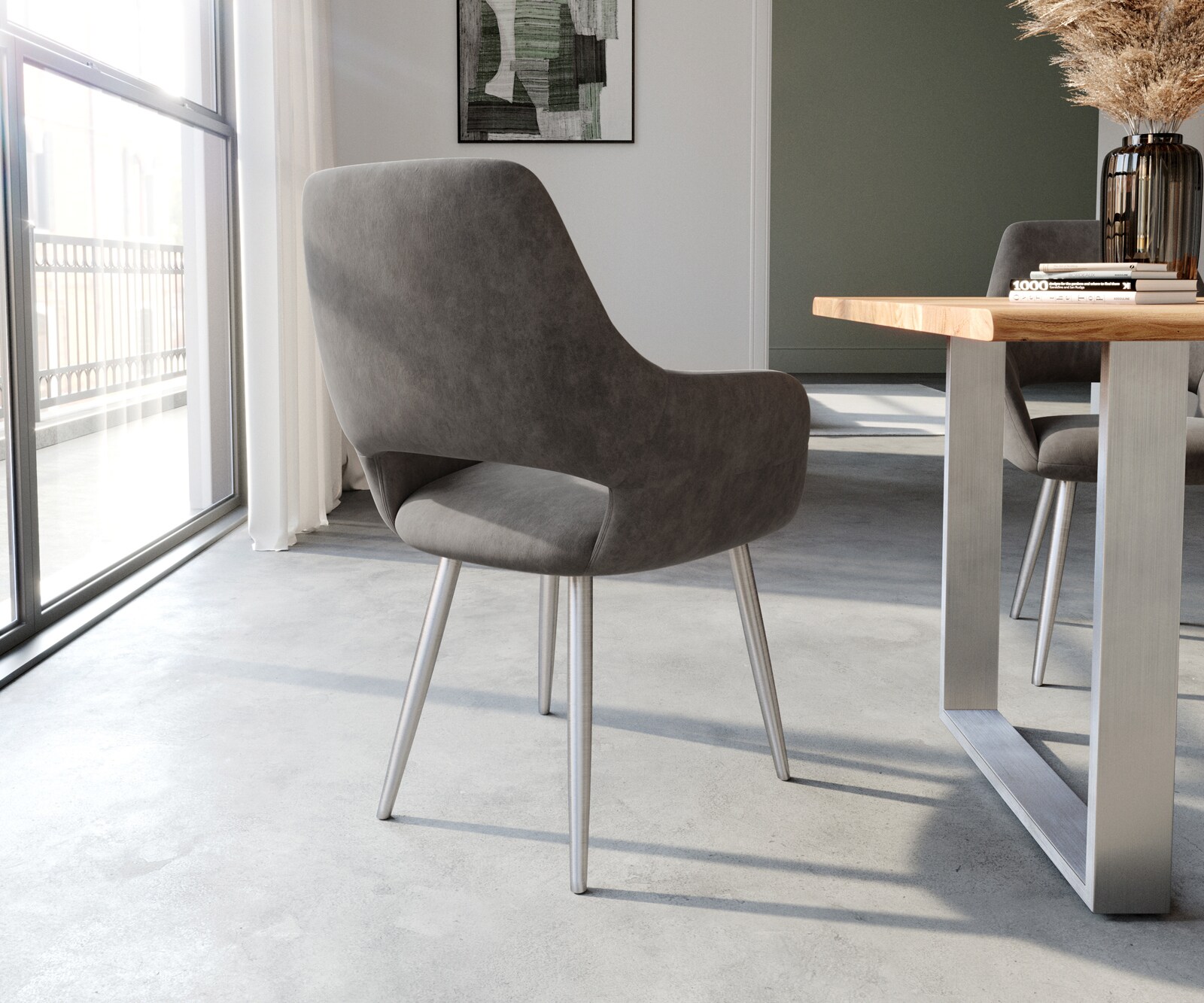 Chaise-de-salle-à-manger Yago-Flex avec accoudoirs microvelours anthracite vintage 4 pieds coniques acier inoxydable brossé ressorts ensachés 5
