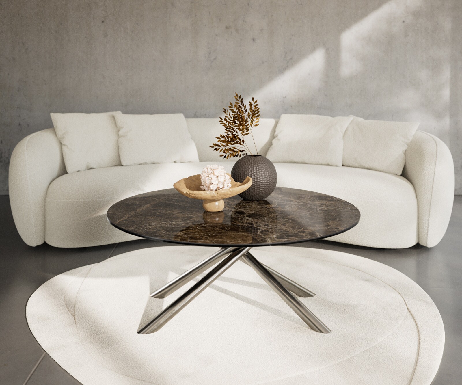 Table basse Edge rond 100x100 cm céramique Laminam® Emperador Extra Lucidato brun foncé Sarity acier inoxydable brossé 2