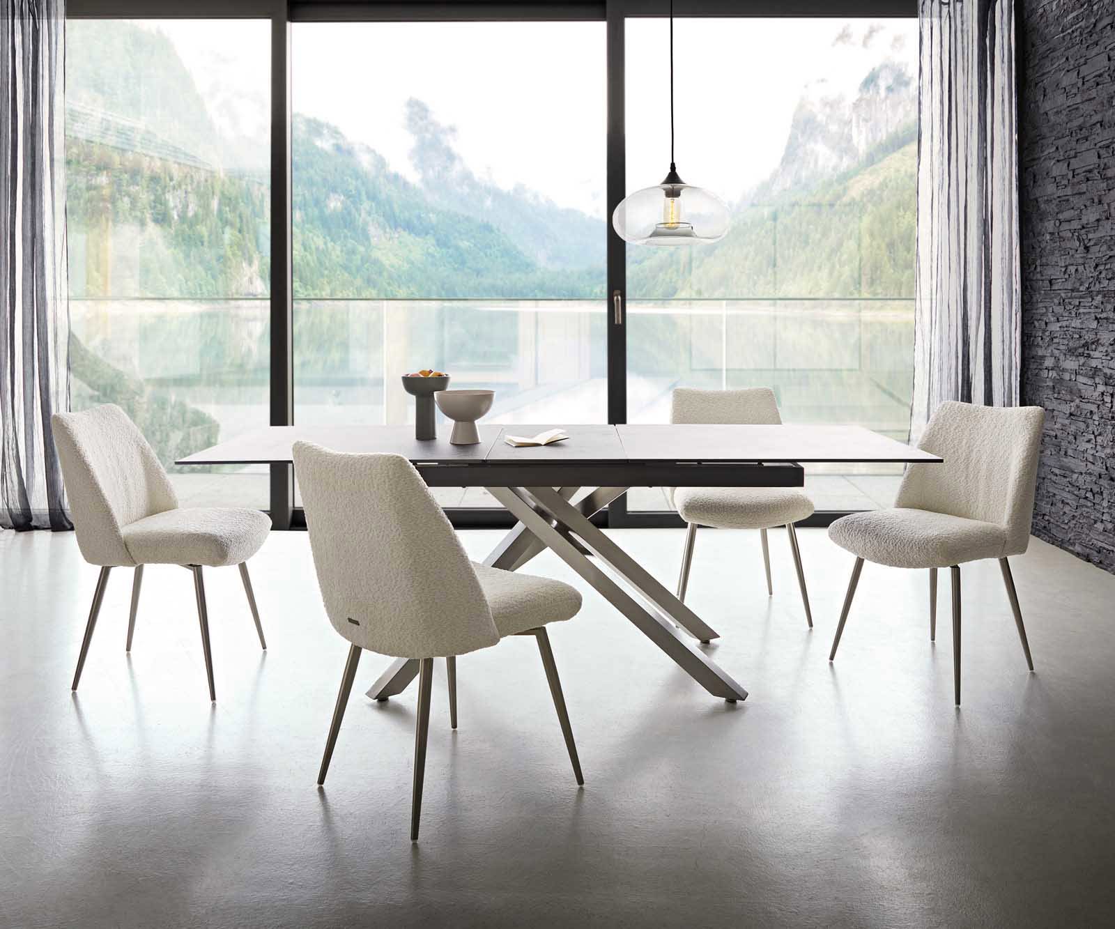 Esszimmerstuhl Elso-Flex Bouclé Weiß 4-Fuß konisch Edelstahl Taschenfederkern 5 Esszimmerstuhl Elso-Flex Bouclé Weiß 4-Fuß konisch Edelstahl Taschenfederkern 5