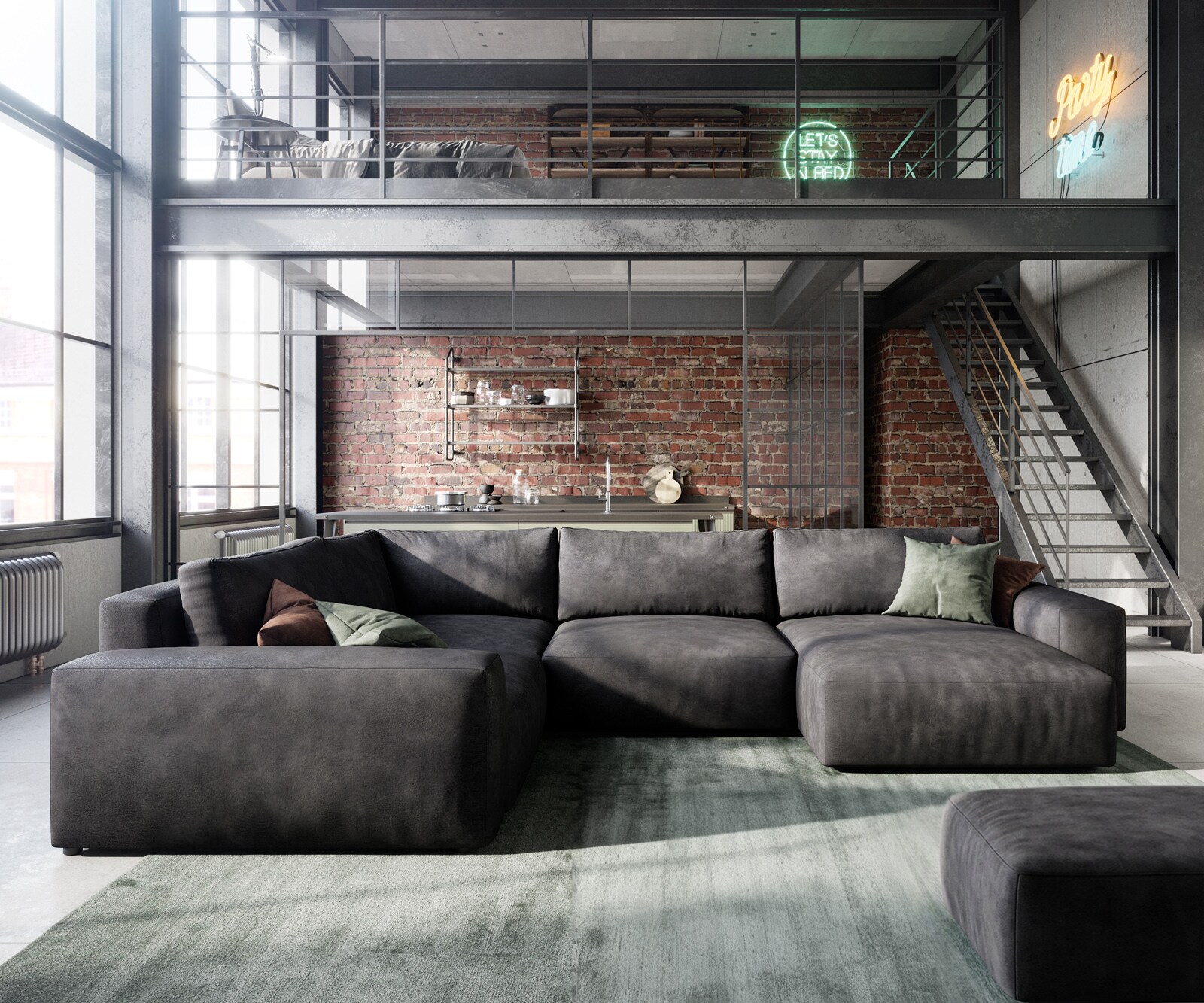 Wohnlandschaft Lanzo 300x210 cm Lederimitat Vintage Anthrazit Recamiere variabel mit Hocker 1