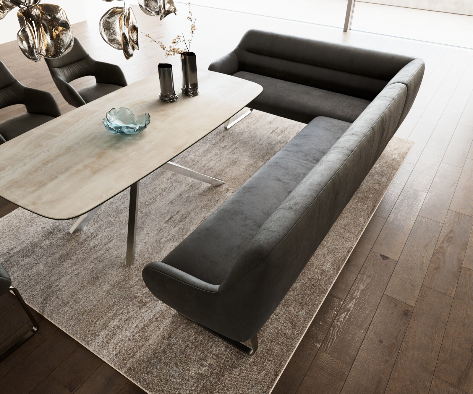 Esszimmerbank Taya-Flex 285x190 cm Mikrofaser Anthrazit Vintage Kufengestell flach Edelstahl Taschenfederkern Rechts 4