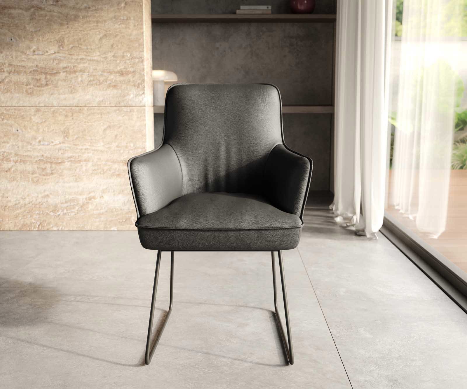 Esszimmerstuhl Heira-Flex mit Armlehnen Echt-Leder Schwarz Kufengestell Schwarz Taschenfederkern 1 Esszimmerstuhl Heira-Flex mit Armlehnen Echt-Leder Schwarz Kufengestell Schwarz Taschenfederkern 1