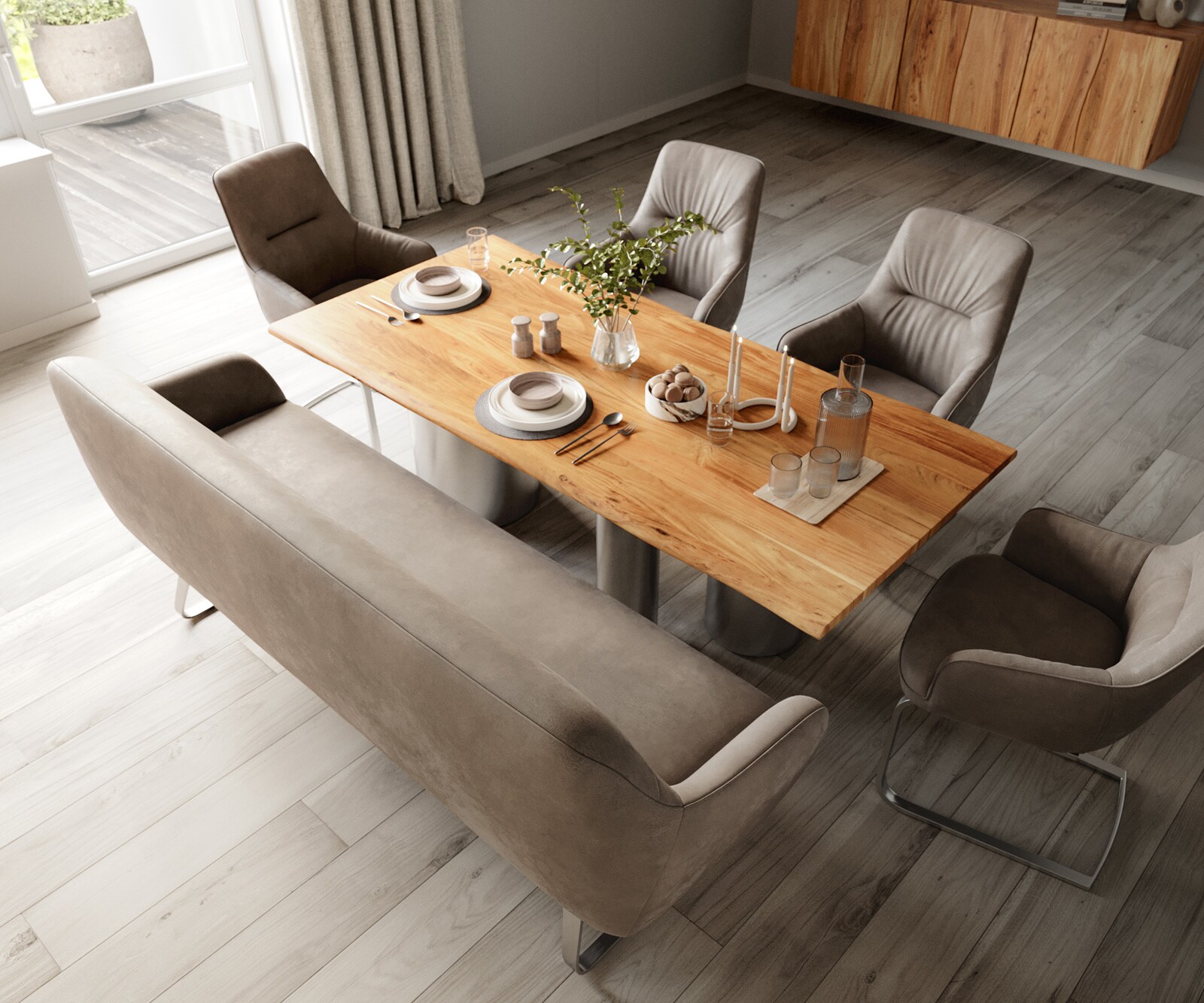 Banc-de-salle-à-manger Taya-Flex 200 cm microfibre taupe vintage châssis à patins plat acier inoxydable ressort ensaché 3