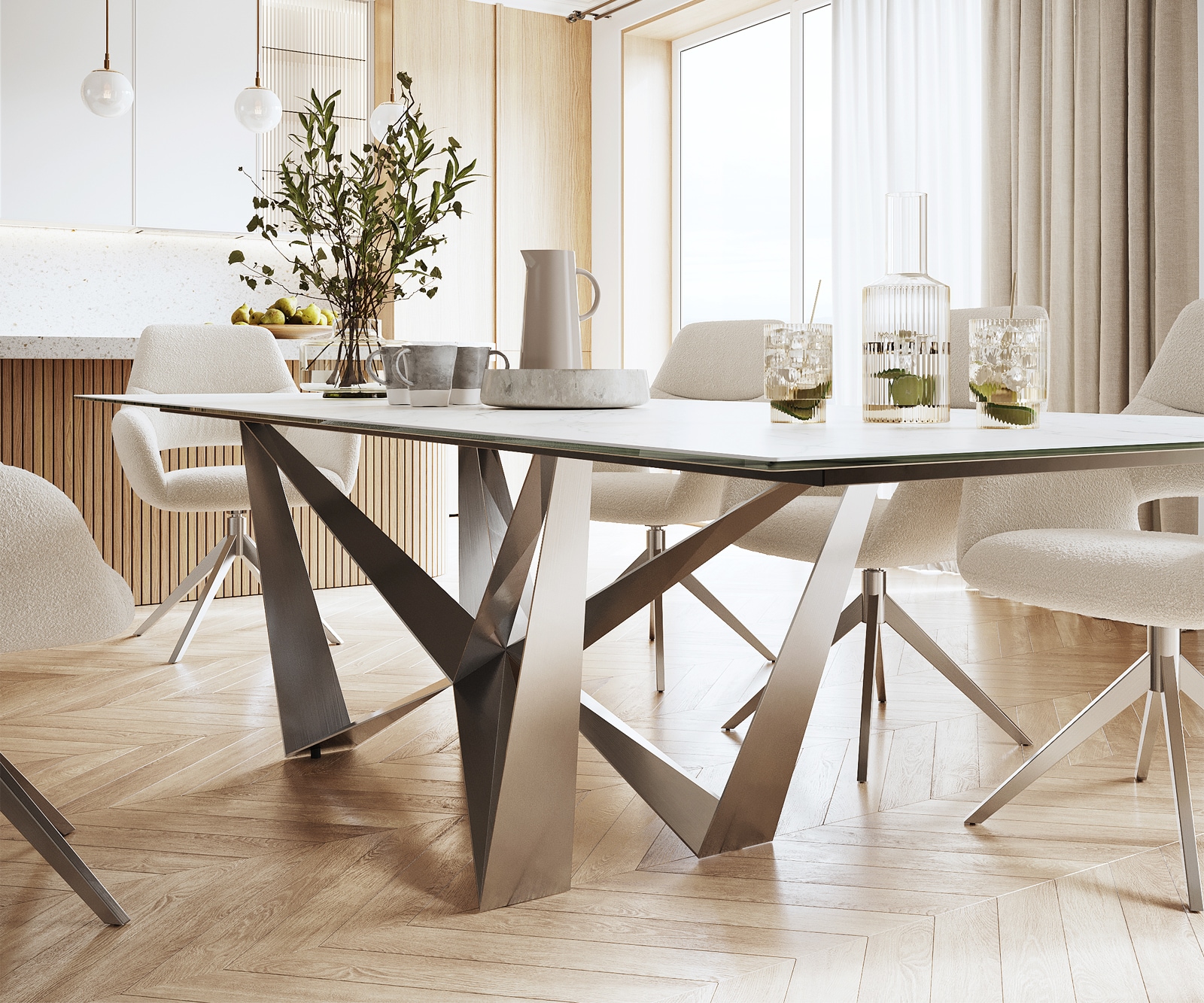 Table-à-manger Edge 300x100cm Laminam® céramique blanc pieds milieu acier plat argent 4 Table-à-manger Edge 300x100cm Laminam® céramique blanc pieds milieu acier plat argent 4