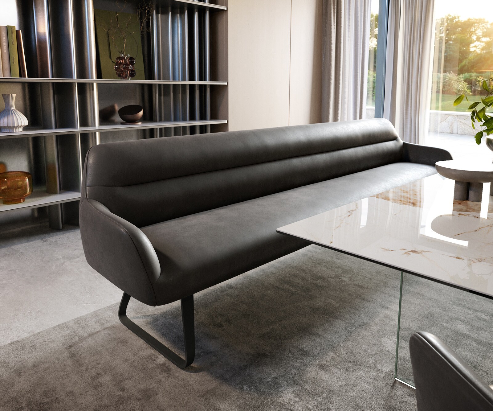 Banc-de-salle-à-manger Taya-Flex 300 cm microfibre antracite vintage châssis à patins plat noir ressort ensaché 1