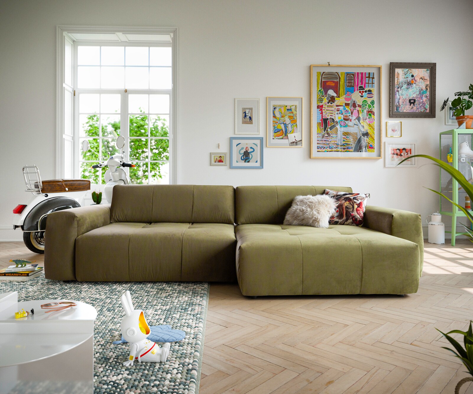 Ecksofa Lazaro 300x160 cm Samt Olive Ottomane rechts mit Sitztiefenverstellung 1