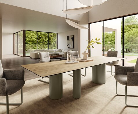 Esstisch Edge 300x100 Keramik Laminam® Sabbia Eichefarbig Troa Metall Effektfinish Titan