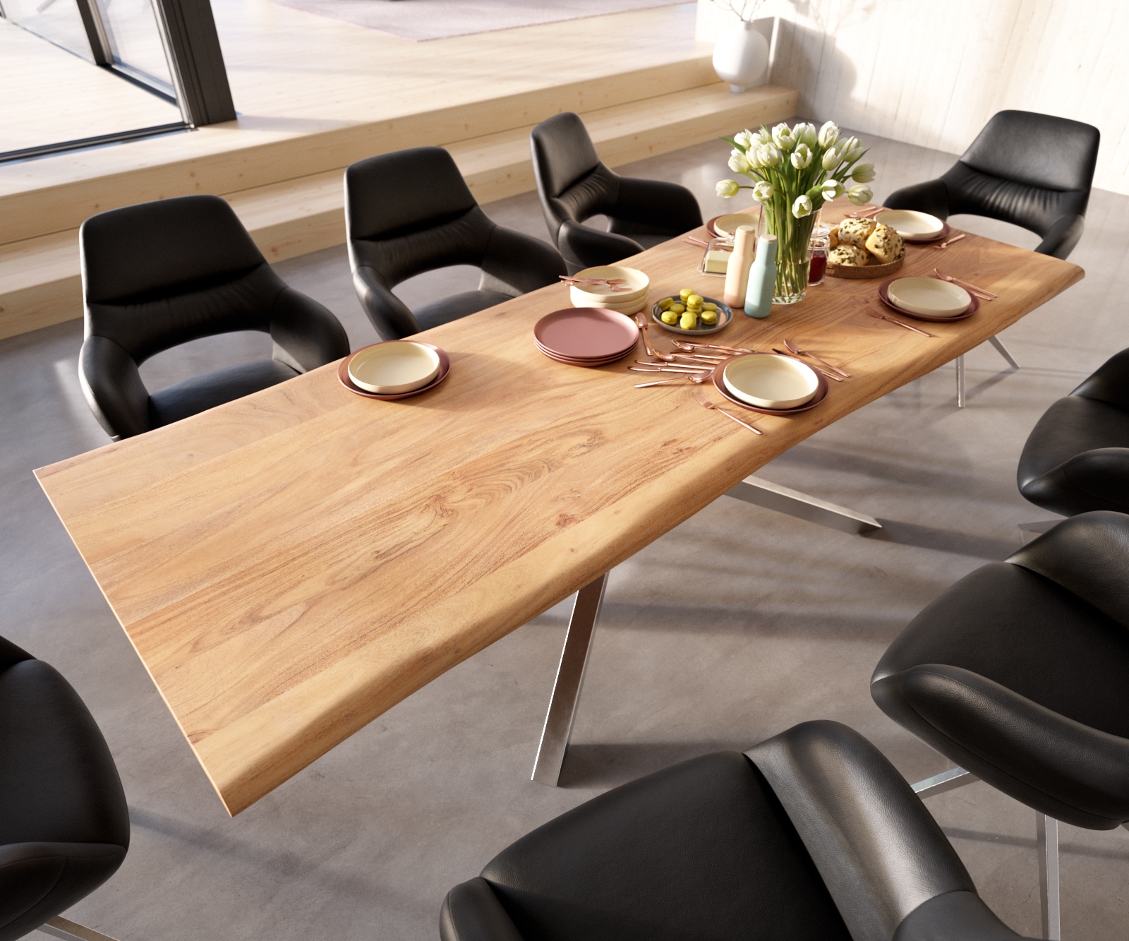 Table à manger Edge 260x100 Acacia Naturel Cadre croisé rectangle Acier inoxydable Live-Edge 3 Table à manger Edge 260x100 Acacia Naturel Cadre croisé rectangle Acier inoxydable Live-Edge 3