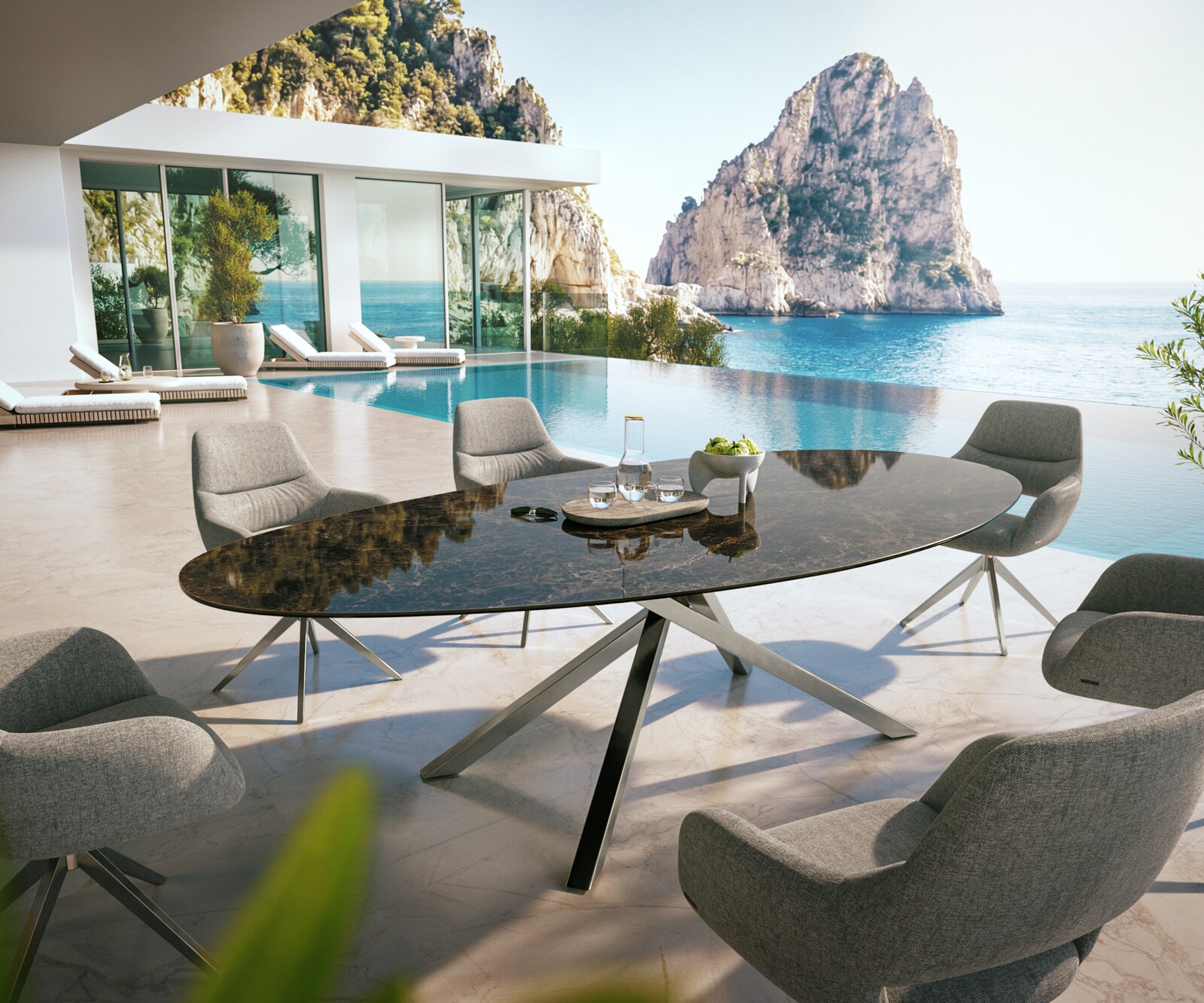 Outdoortisch Edge Oval 280x130 cm Keramik Laminam® Emperador Extra Lucidato Dunkelbraun Kreuzgestell Rechteck Edelstahl 4