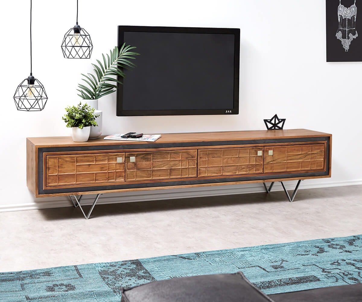 Designer-Lowboard Stonegrace 200 cm Akazie Natur 3D 4 Türen