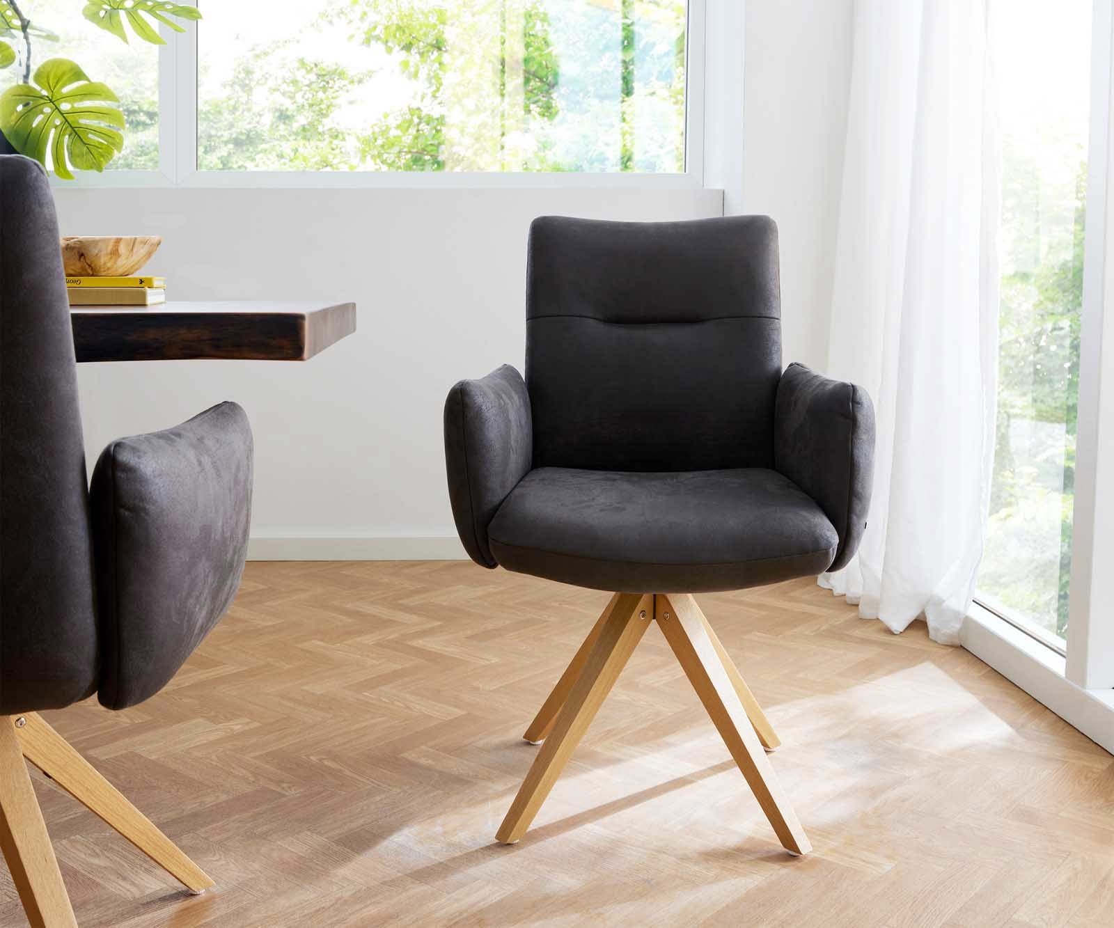 Chaise-pivotante Jova-Flex avec accoudoirs microvelours anthracite vintage pied en bois angulaire naturel pivotement sur 180° ressorts ensachés 1 Chaise-pivotante Jova-Flex avec accoudoirs microvelours anthracite vintage pied en bois angulaire naturel pivotement sur 180° ressorts ensachés 1