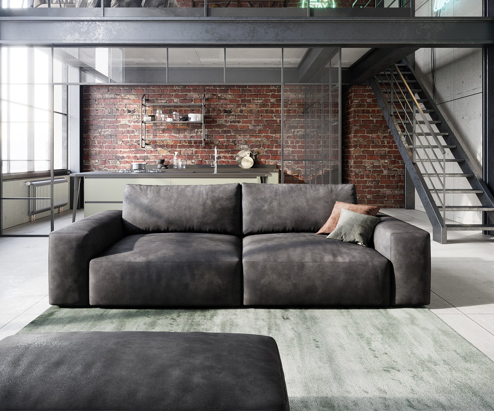 Big canapé Lanzo 230x95 cm similicuir vintage anthracite avec pouf 1