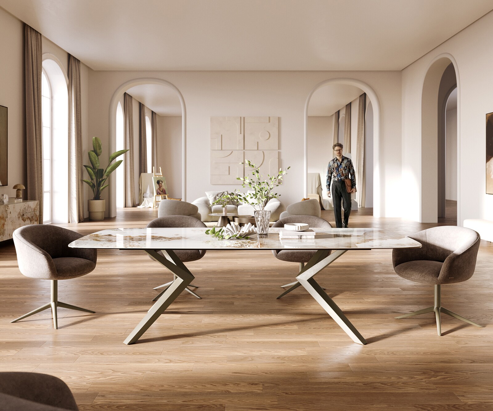 Esstisch Edge Boot 260x120 cm Keramik Minas Melange Weiß-Beige Zenthara kantig Metall Effektfinish Titan 1