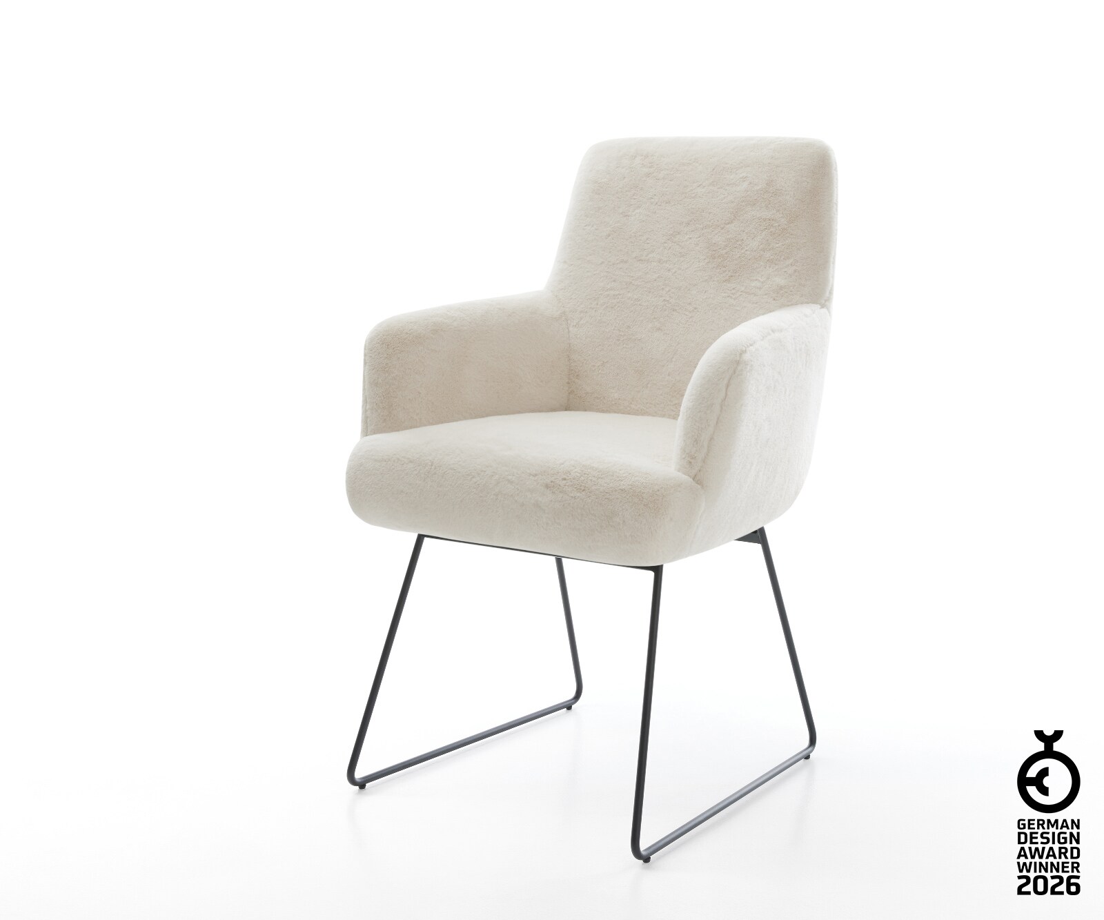 Chaise-de-salle-à-manger Heira-Flex avec accoudoirs peluche crème-blanc pied trapèze noir resorts ensachés 1