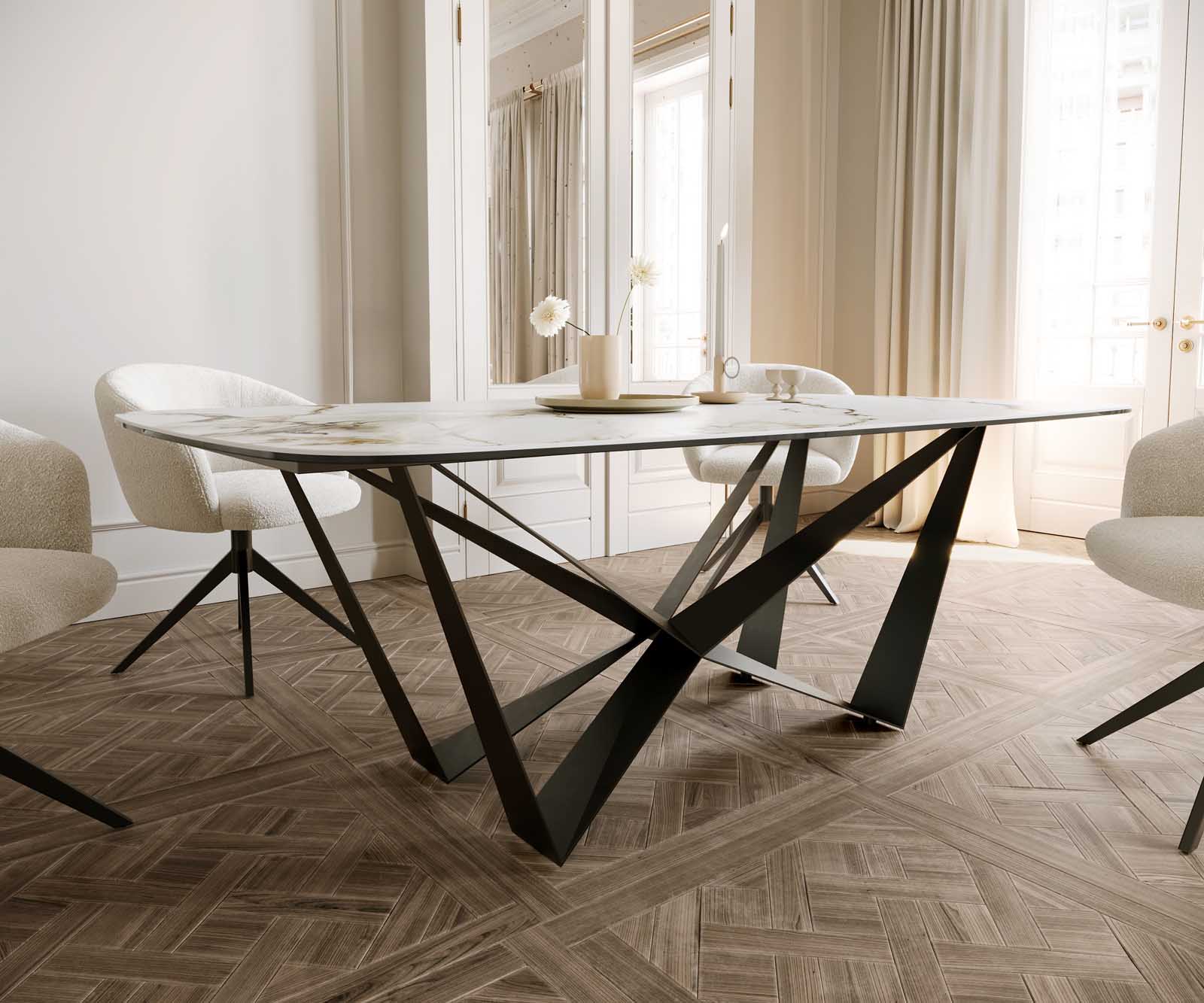 Esstisch Edge Boot 200x100 Keramik Calacatta Luxe Weiß-Gold-Grau Spider Flachstahl Schwarz 5 Esstisch Edge Boot 200x100 Keramik Calacatta Luxe Weiß-Gold-Grau Spider Flachstahl Schwarz 5