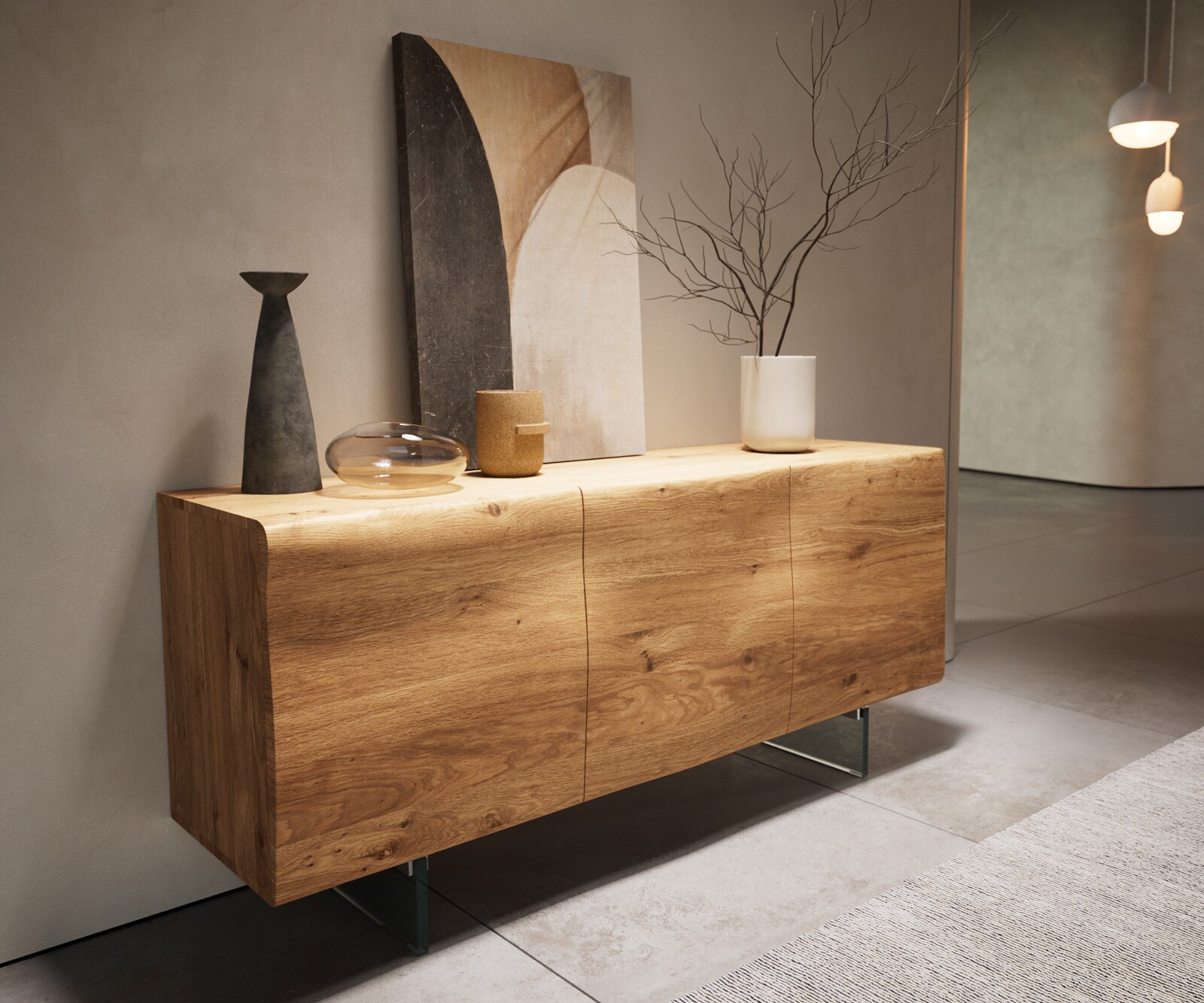Buffet New Live-Edge 145 cm chêne naturel 3 portes pied en verre 3