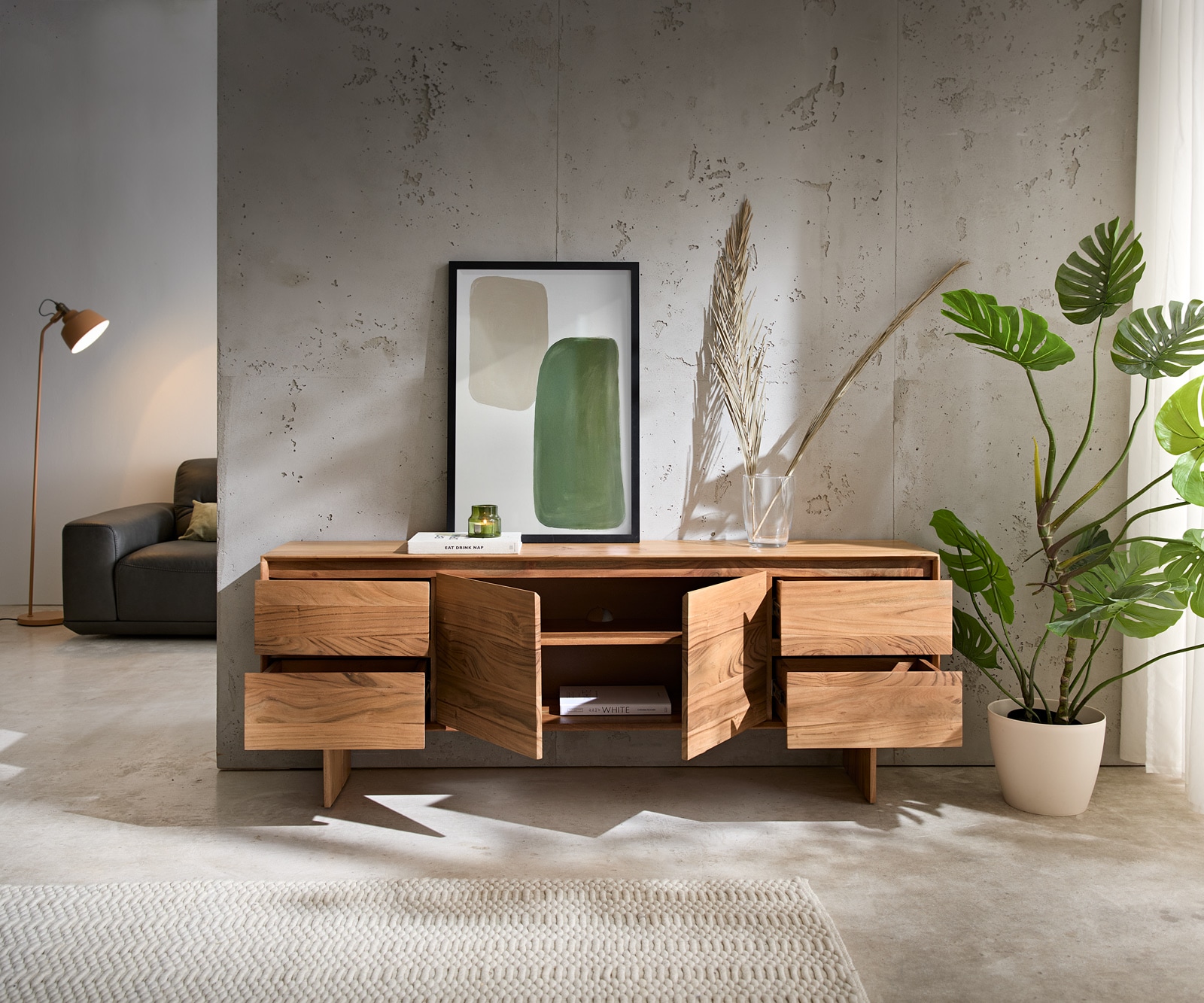 Lowboard Elandor 175 cm Akazie Natur 2 Türen 4 Schubladen Holzfuß 3 Lowboard Elandor 175 cm Akazie Natur 2 Türen 4 Schubladen Holzfuß 3