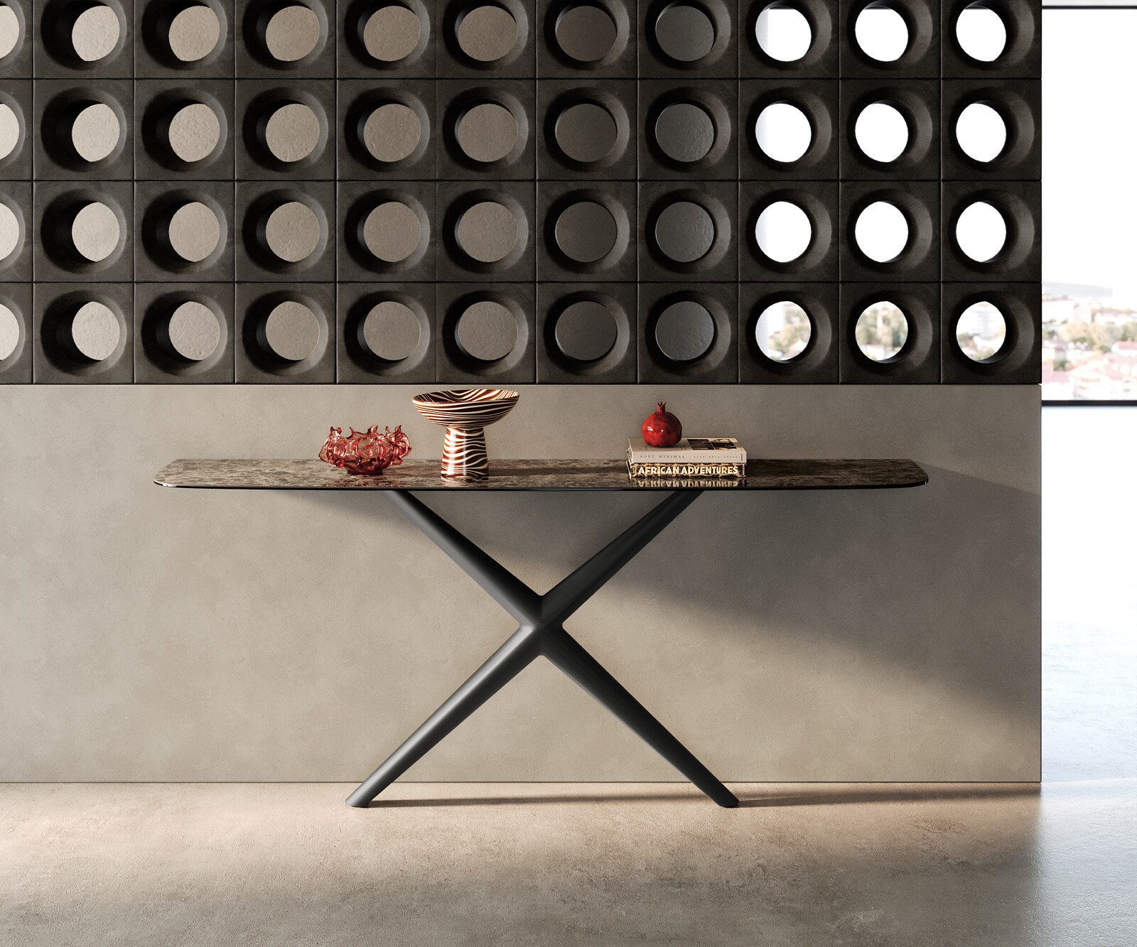 Console Edge forme bateau 180x40 cm Céramique Emperador Extra Lucidato Dunkelbraun Estelo Métal Noir