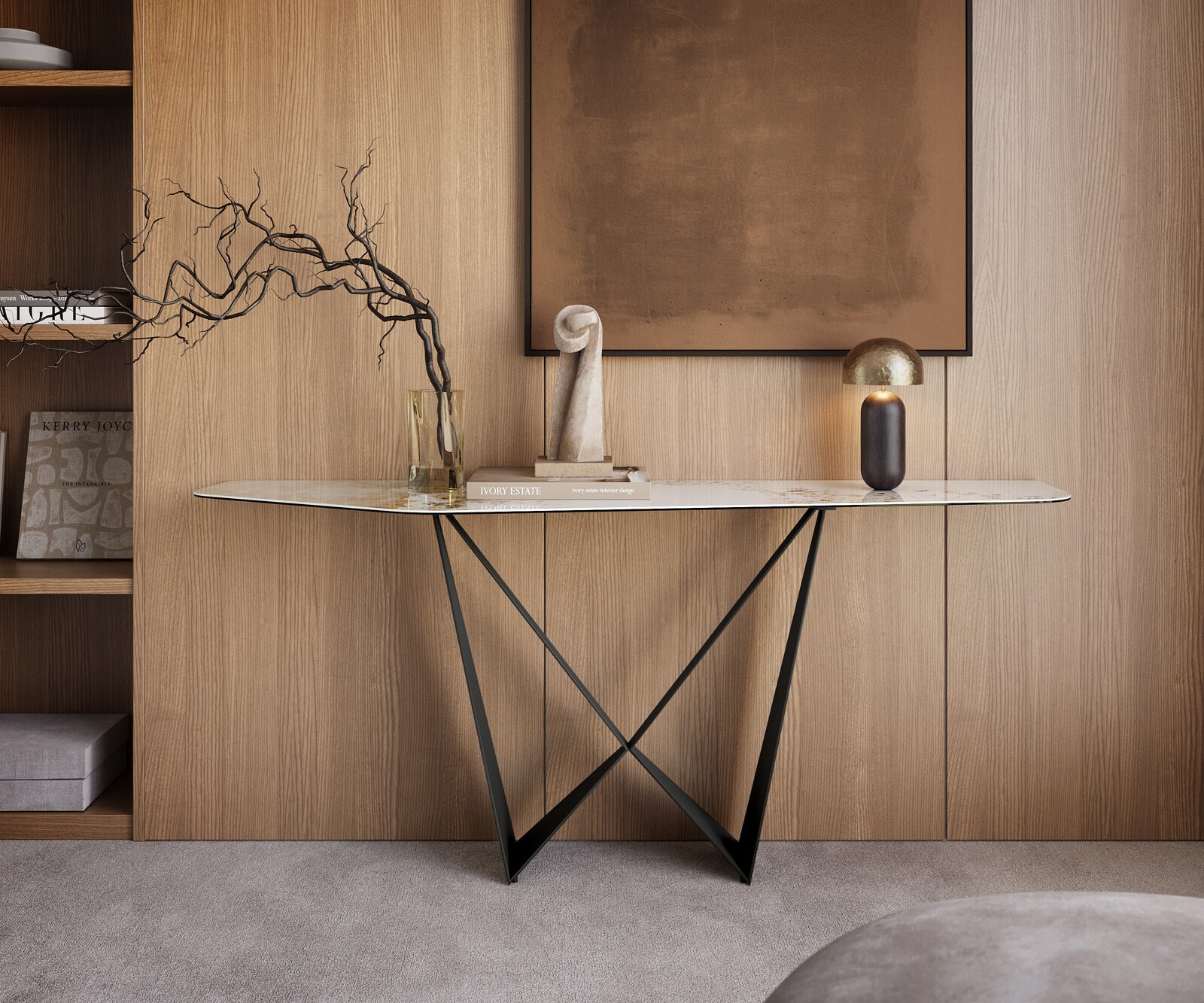 Console Edge Polygonal 180x50 cm Céramique Minas Melange Weiß-Beige Spios Métal Noir 4