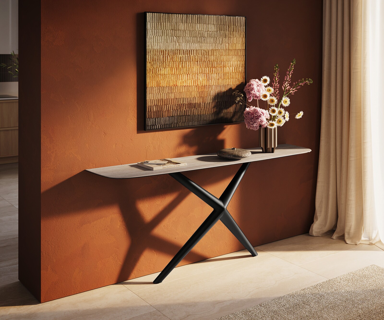 Console Edge forme bateau 180x40 cm Céramique Laminam® Travertino Bianco Creme-Weiß Estelo Métal Noir 1