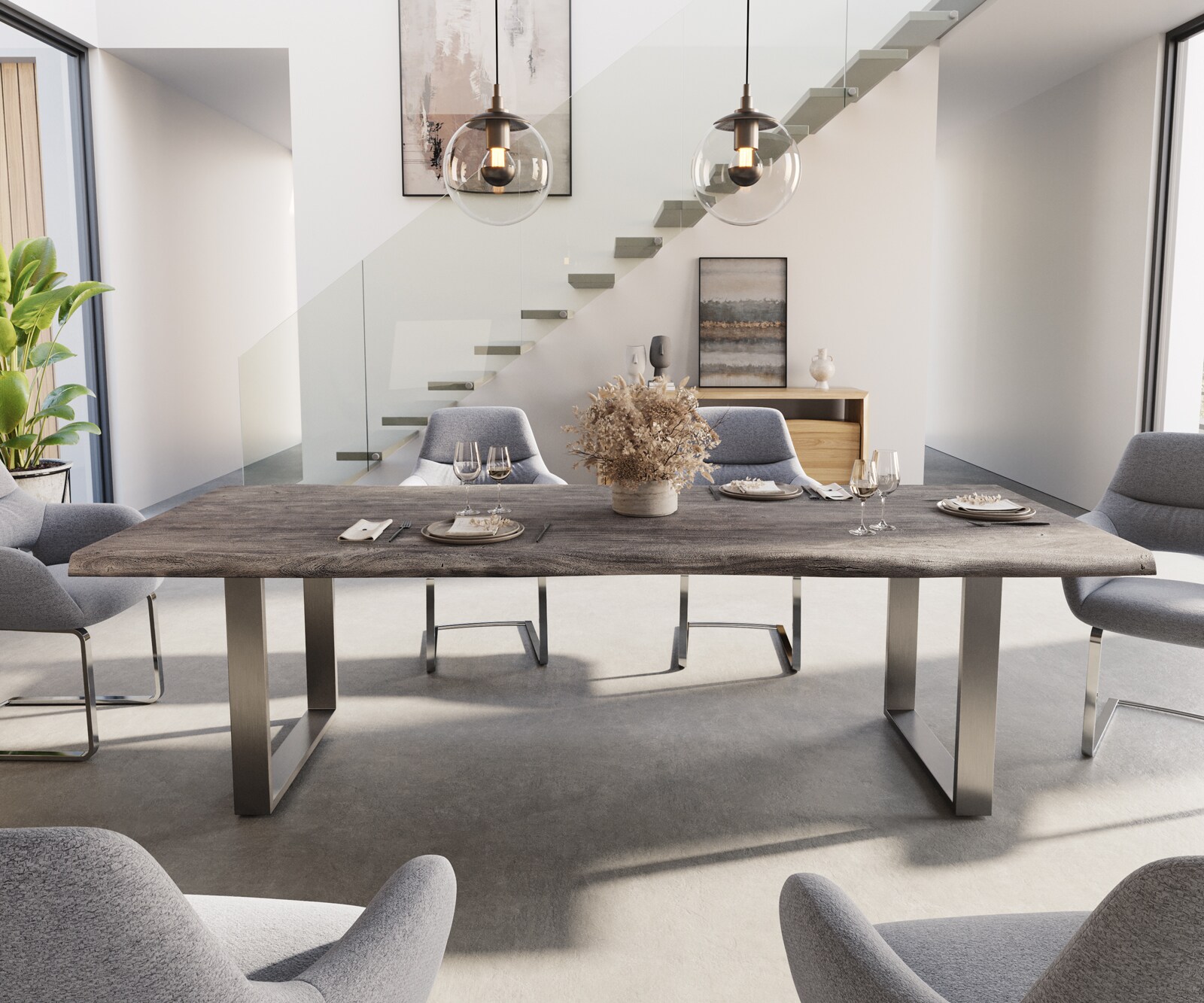 Table-à-manger Edge 260x100 XL acacia platine acier inoxydable mince Live-Edge 1