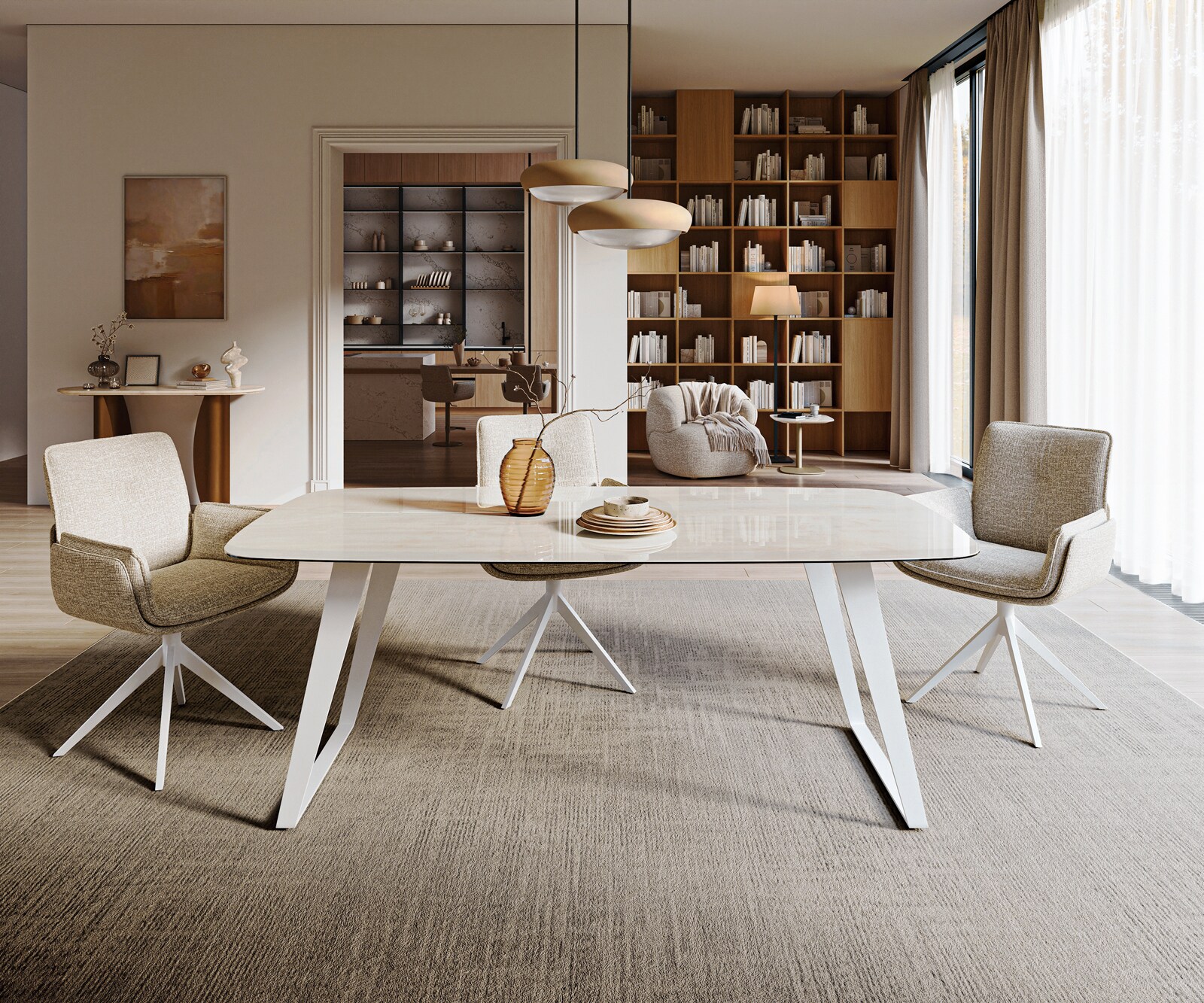 Esstisch Edge Boot 200x100 cm Keramik Onyx Champagne Metall Schräg Weiß 1