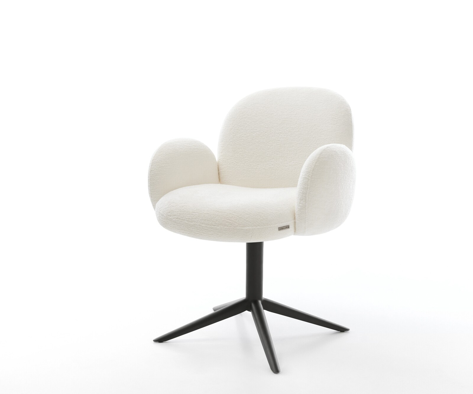 Chaise-pivotante Nube-Flex avec accoudoirs bouclé doux beige pied de chaise 4 branches noir pivotement sur 360° fonction bascule resorts ensachés