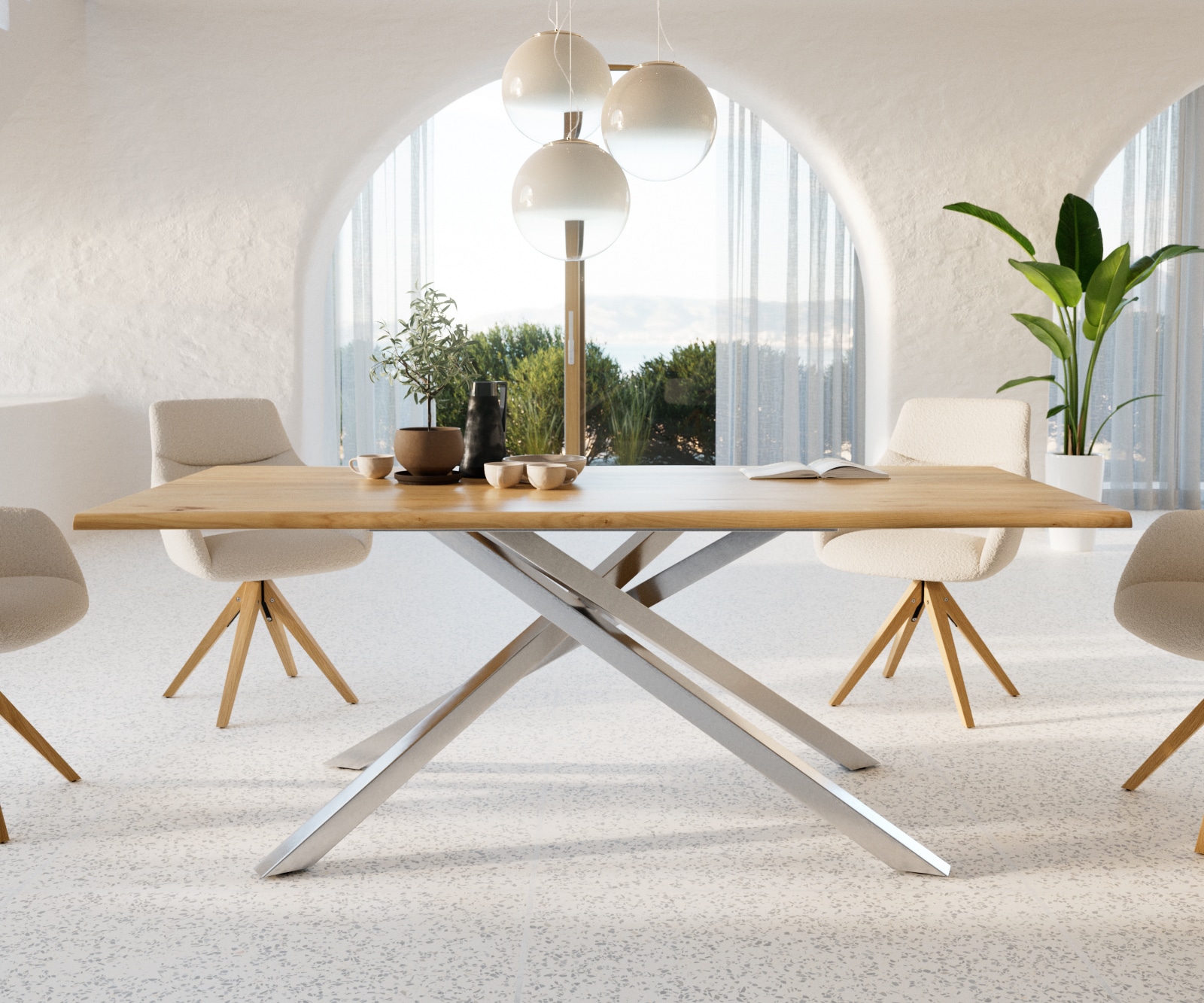 Esstisch Edge 200x100x2,5-3 Eiche Natur Kreuzgestell Rechteck Edelstahl Live-Edge 1 Esstisch Edge 200x100x2,5-3 Eiche Natur Kreuzgestell Rechteck Edelstahl Live-Edge 1