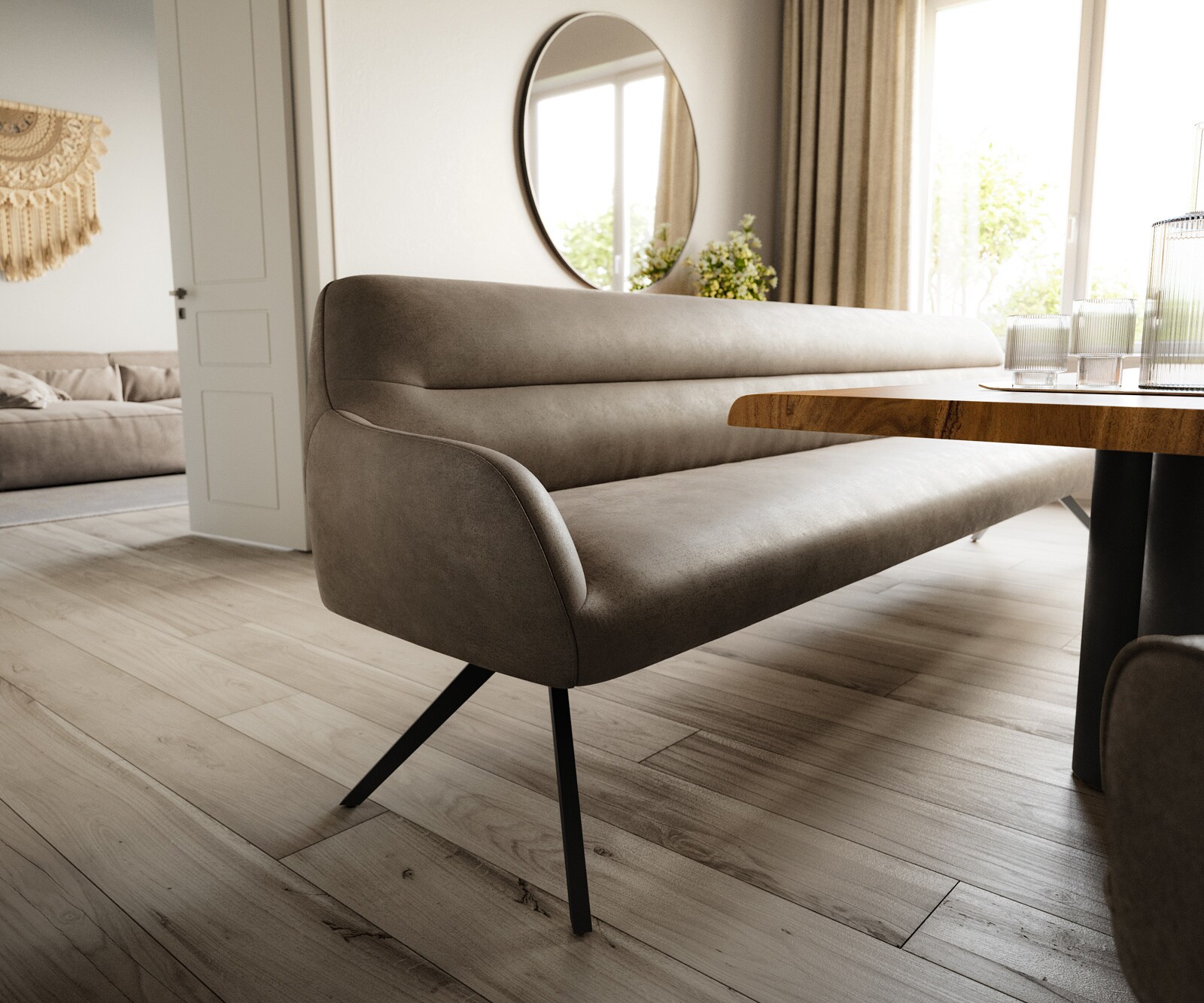 Banc-de-salle-à-manger Taya-Flex 300 cm microfibre taupe vintage pied croisé angulaire noir ressort ensaché 4