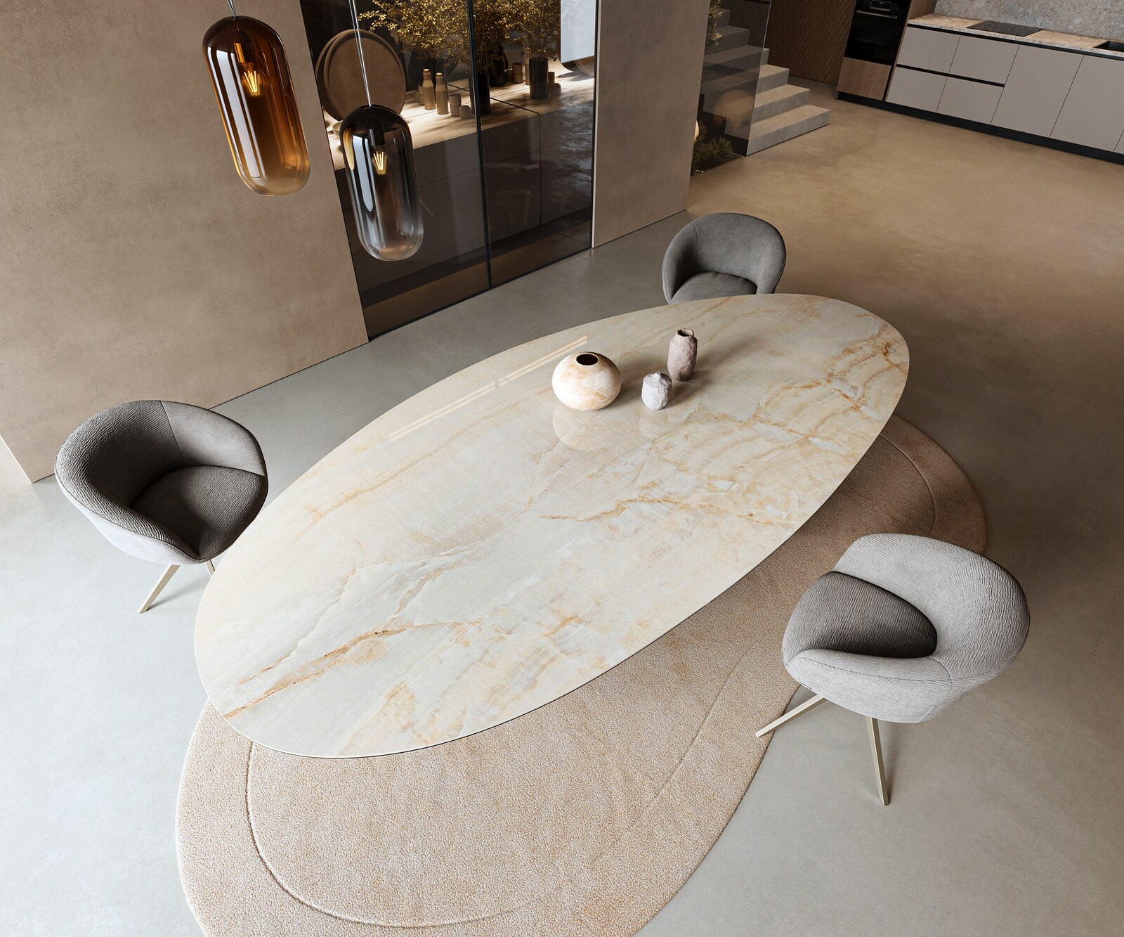 Table à manger Edge Oval 315x150 cm Céramique Iris FMG Onice Oro piètement en W Métal Finition effet Titan 3