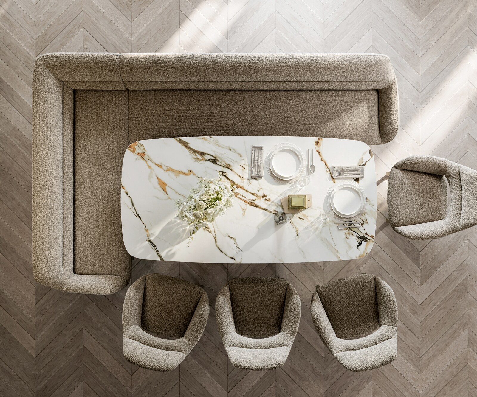 Esszimmerbank Taya-Flex 285x190 cm Bouclé Schlamm Kufengestell flach Effektfinish Titan Taschenfederkern Rechts 5