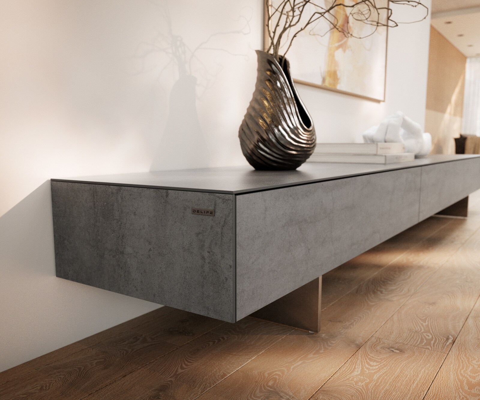 Meuble-TV Cuor 250 cm Céramique Béton gris 1 Clapet 1 Tiroir Pied optique flottant Ancier inoxydable 6