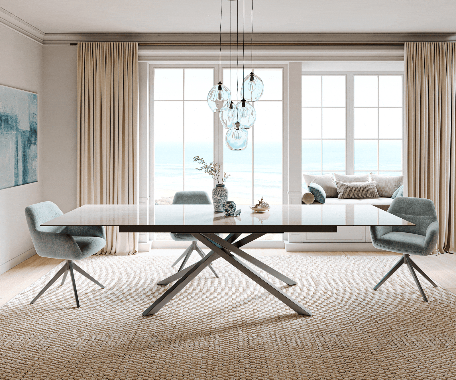 Esstisch Edge 200-300x100 cm Keramik Onyx Champagne Kreuzgestell Rechteck Edelstahl Graphit ausziehbar 1