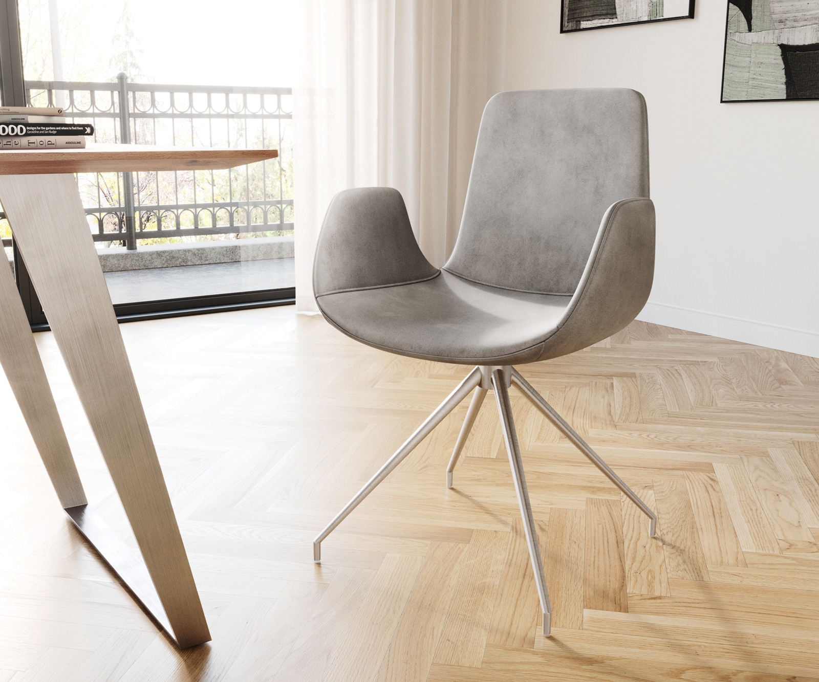 Drehstuhl Ilia-Flex mit Armlehnen Samt Grau Kreuzgestell konisch Edelstahl 180° drehbar