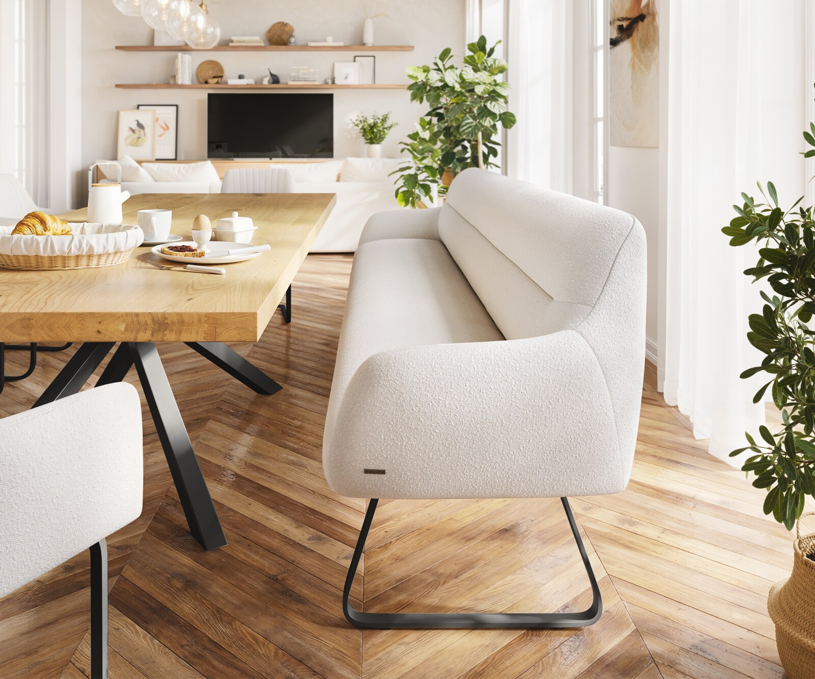 Esszimmerbank Taya-Flex 300 cm Bouclé Creme-Weiß Kufengestell flach Schwarz Taschenfederkern 1