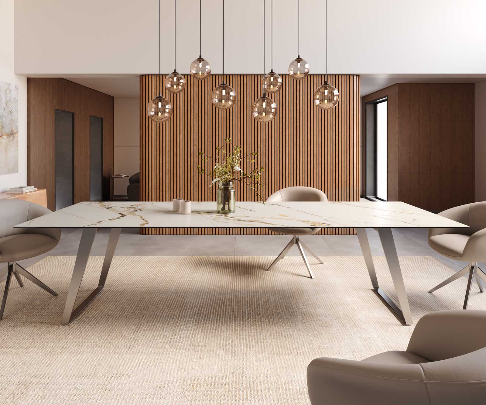 Esstisch Edge 300x100 Keramik Calacatta Luxe Weiß-Gold-Grau Metall Schräg Schwarz 1