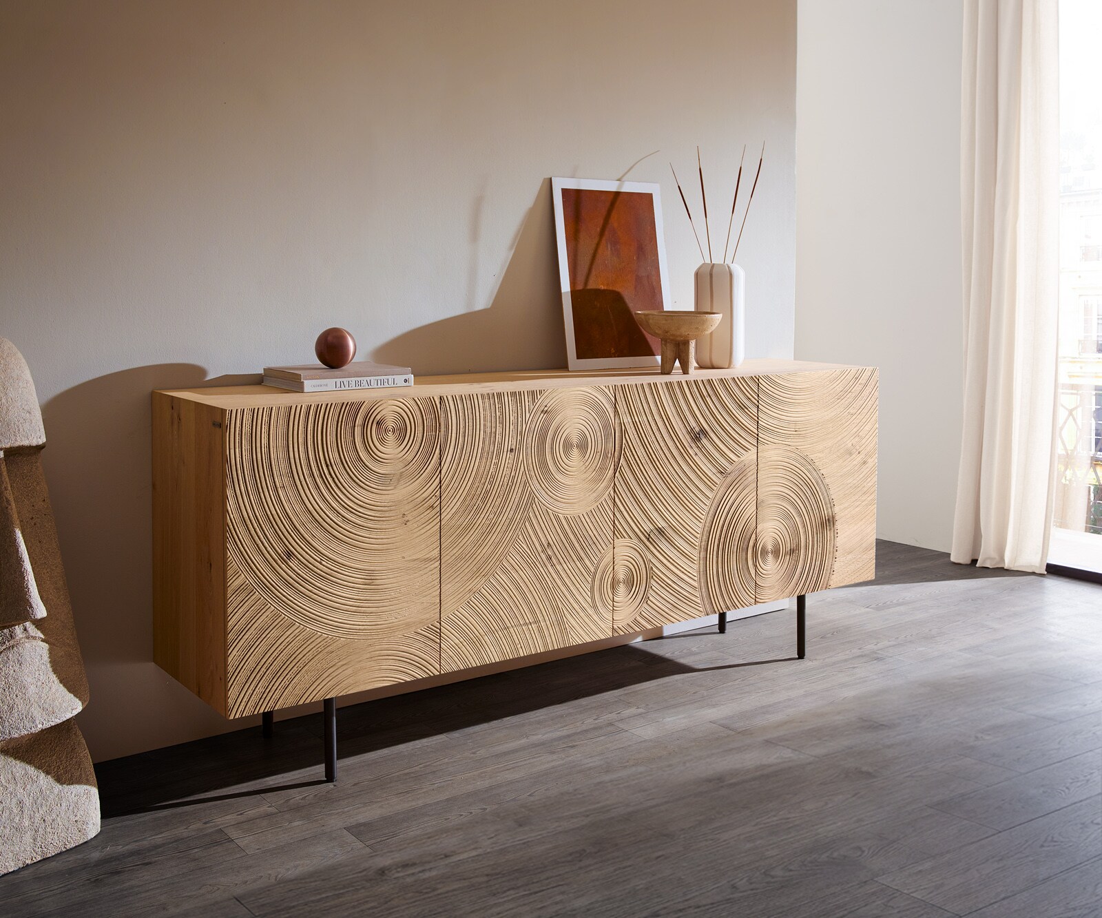 Sideboard Ashara 200 cm Eiche Natur 3D Effekt 4 Türen Rundfuß Metall Schwarz 1