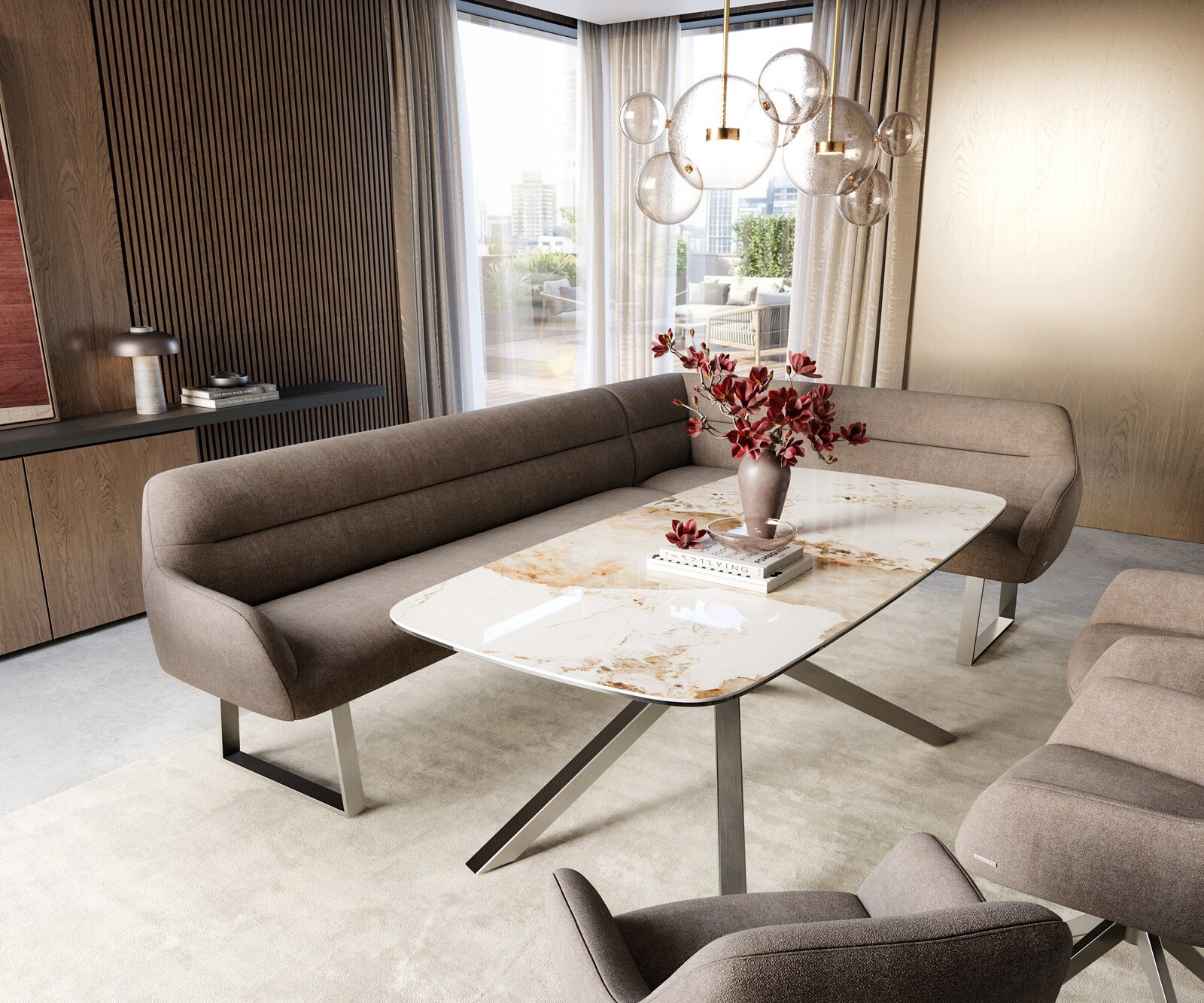 Esszimmerbank Taya-Flex 285x190 cm Strukturstoff Soft Taupe Kufengestell kantig Edelstahl Taschenfederkern Links