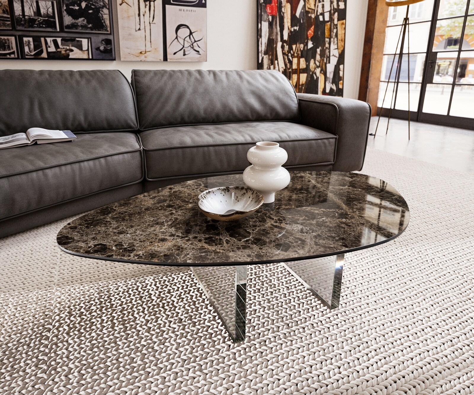 Couchtisch Edge Organisch 140x76 cm Keramik Emperador Extra Lucidato Dunkelbraun Lumia Acryl