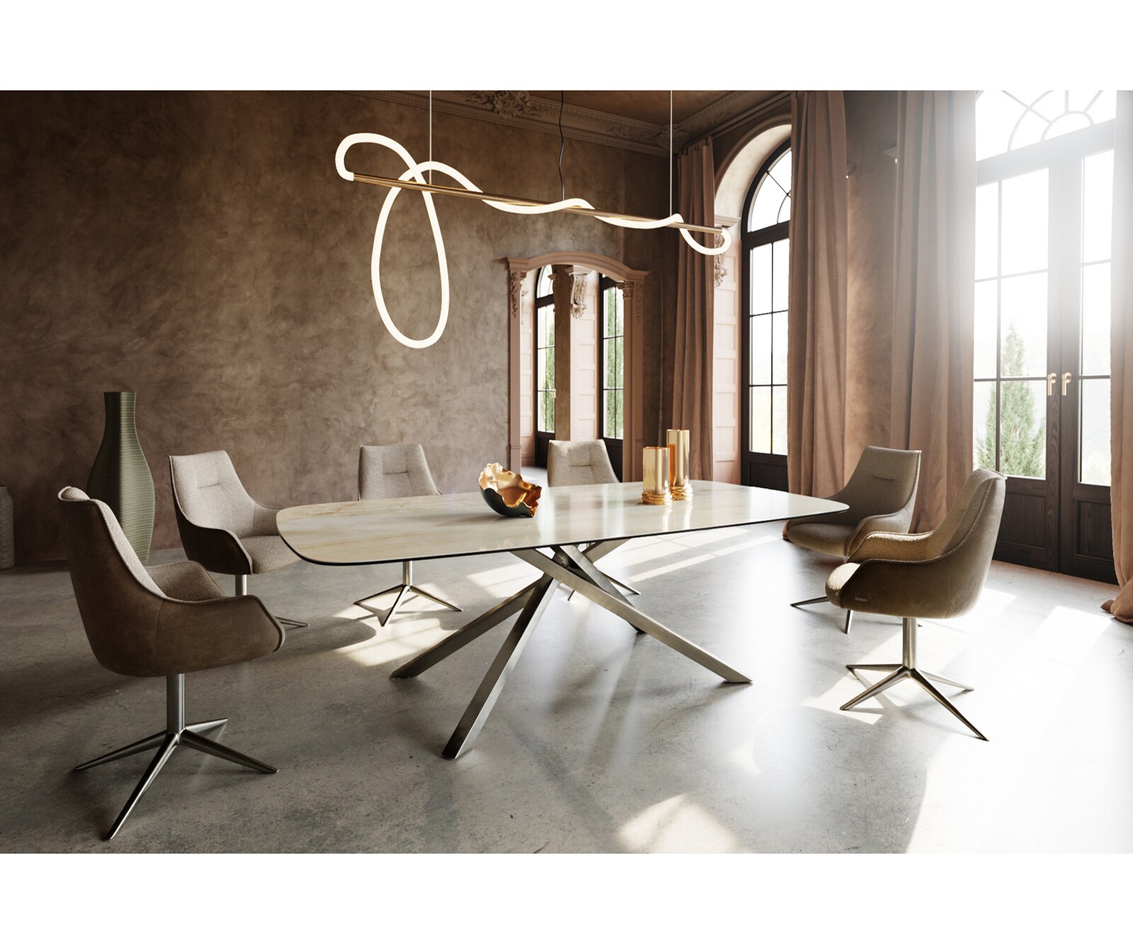 Table à manger Edge Boot 240x120 cm Céramique Iris FMG Onice Oro piètement en croix Rectangle Acier inoxydable 5