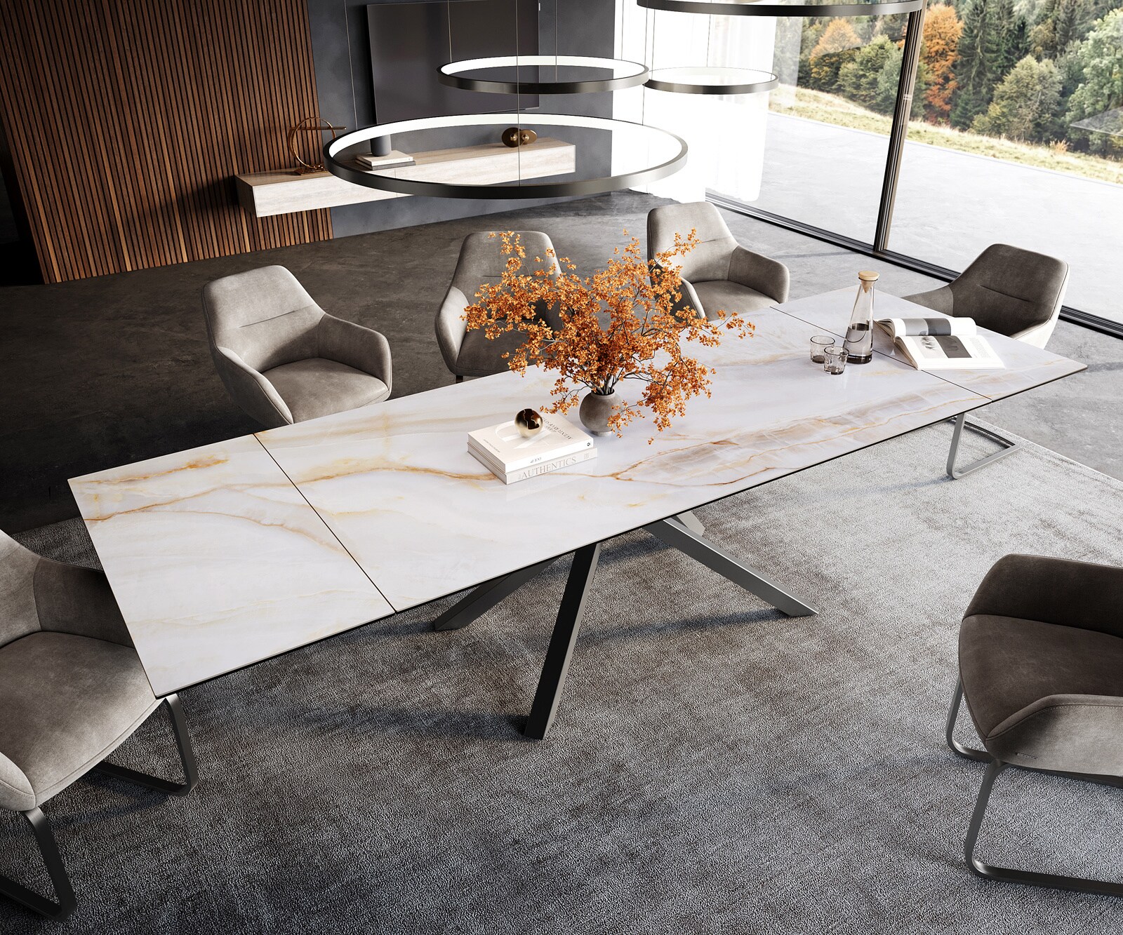 Esstisch Edge 200-300x100 cm Keramik Onyx Pearl Kreuzgestell Rechteck Edelstahl Graphit ausziehbar 3